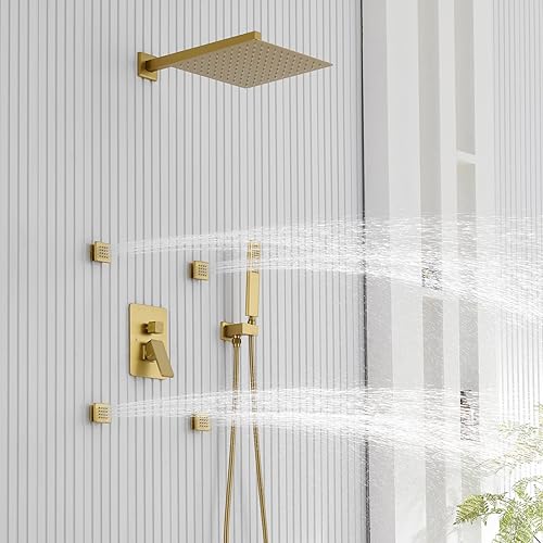 Miniatura 2 de Iriber Sistema de ducha de lluvia dorado cepillado con 4 chorros corporales, juego de grifo de ducha de 3 funciones, contiene cabezal de ducha de 12