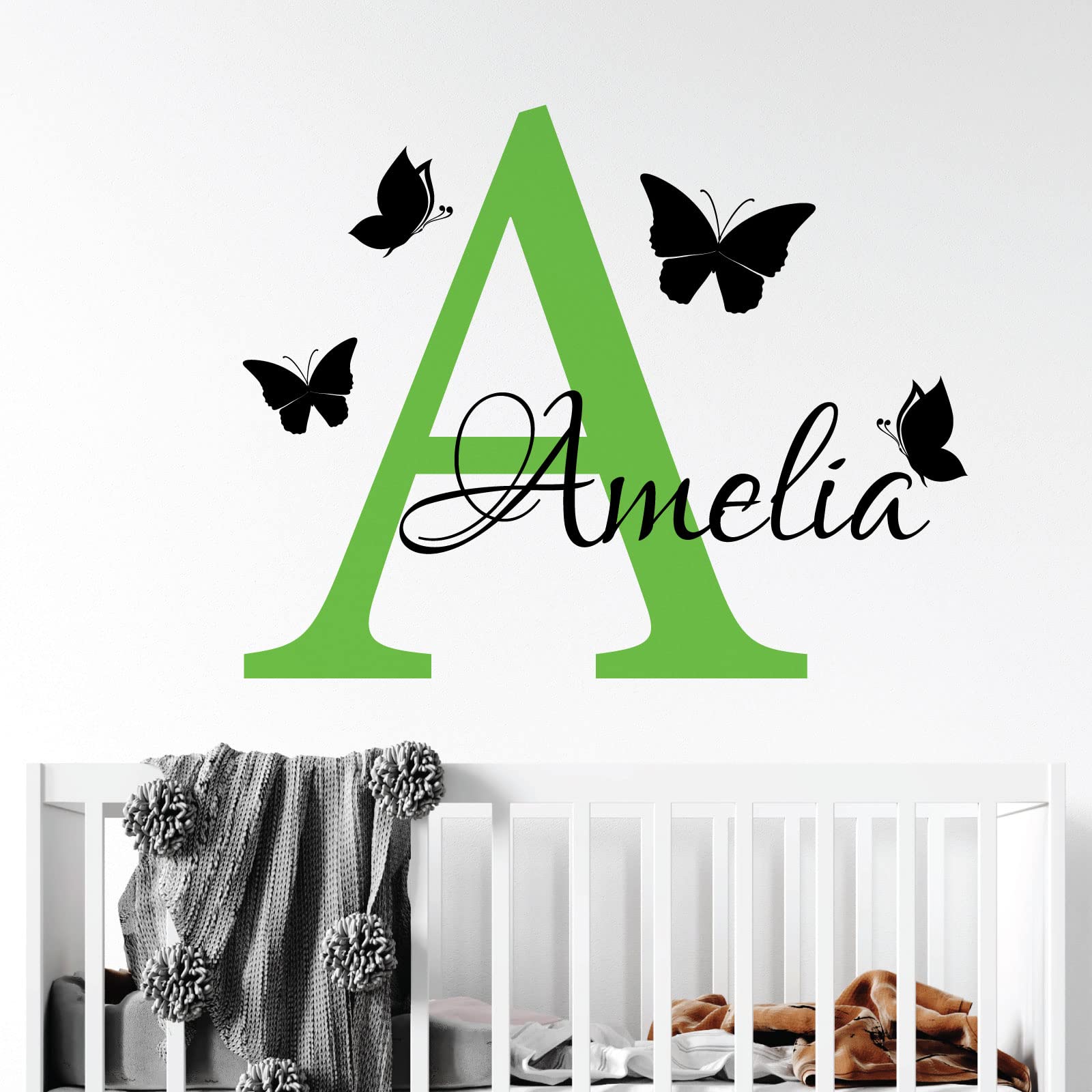 Personalised Name - Initial Letter and Butterflies - Baby Nursery Vinyl Wall Decal Sticker [Medium] [Lime] — image 1
