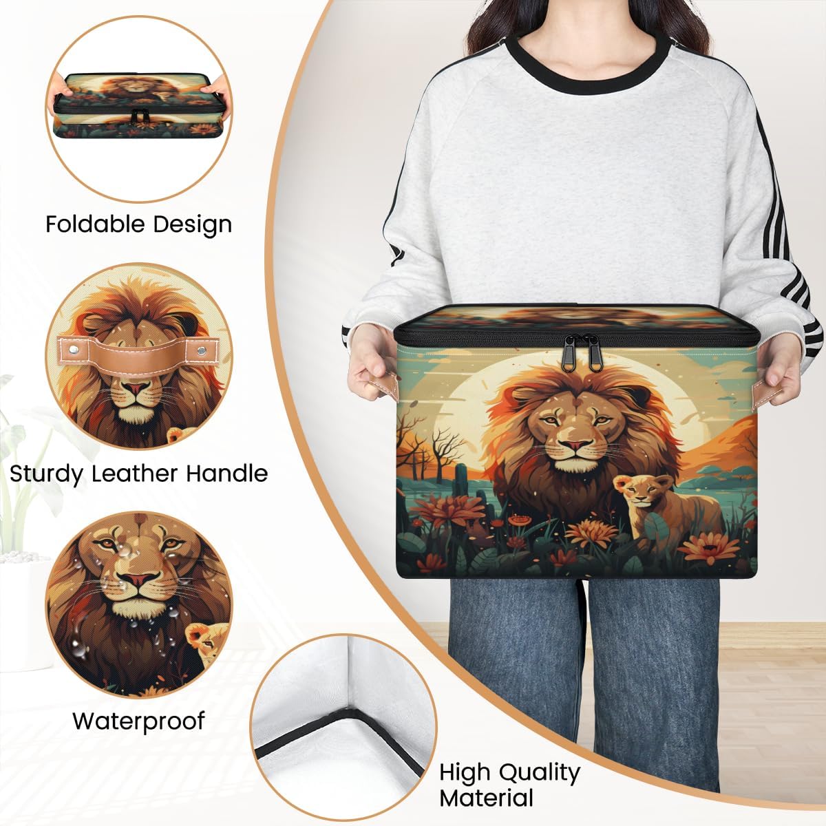 Storage Bin Set of 2 Forest Lions Storage Basket with Zipper Lid & Handle Foldable Closet Shelf 2 Pack Cloth Organizer Basket Cube Bins Clothes Organizer for Nursery, Bedroom