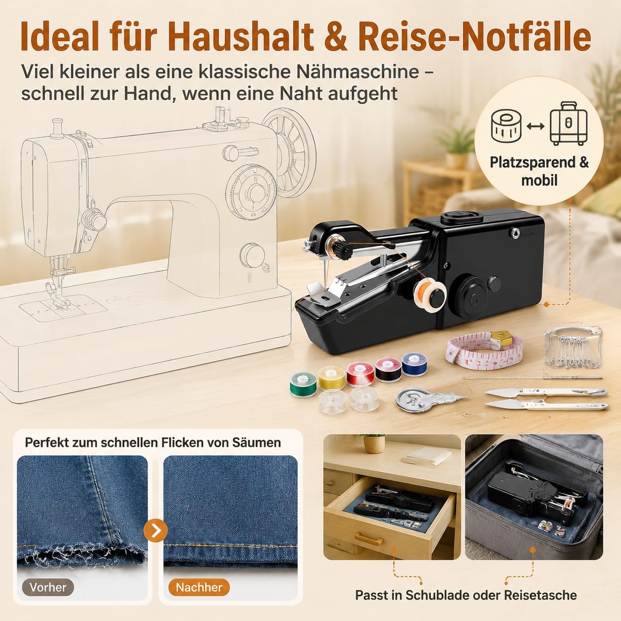 Nähmaschine,Handnähmaschine,Tragbare Mini Elektrische Nähmaschine mit Nähzubehör, für Anfänger, Einfach Bedienbar für Leder, Stoffe, Kleidung & Heimtextilien (Schwarz)