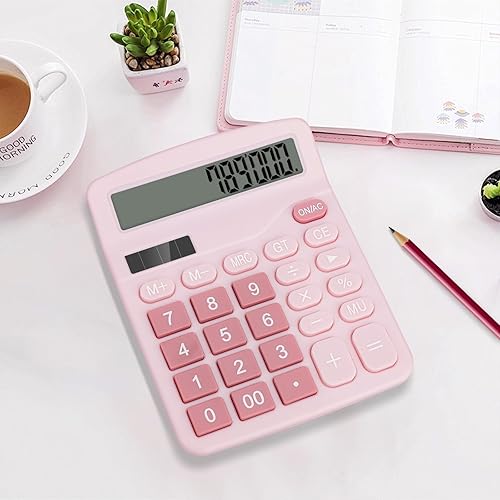 Miniatura 3 de Calculadora de escritorio, botones grandes de calculadora rosa, pantalla LCD grande de 12 dígitos, batería solar y AA de doble potencia,