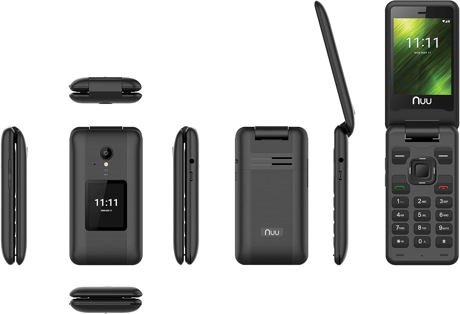 Múltiples views of NUU Mobile F4L LTE Flip Phone: front, back, side, open, closed