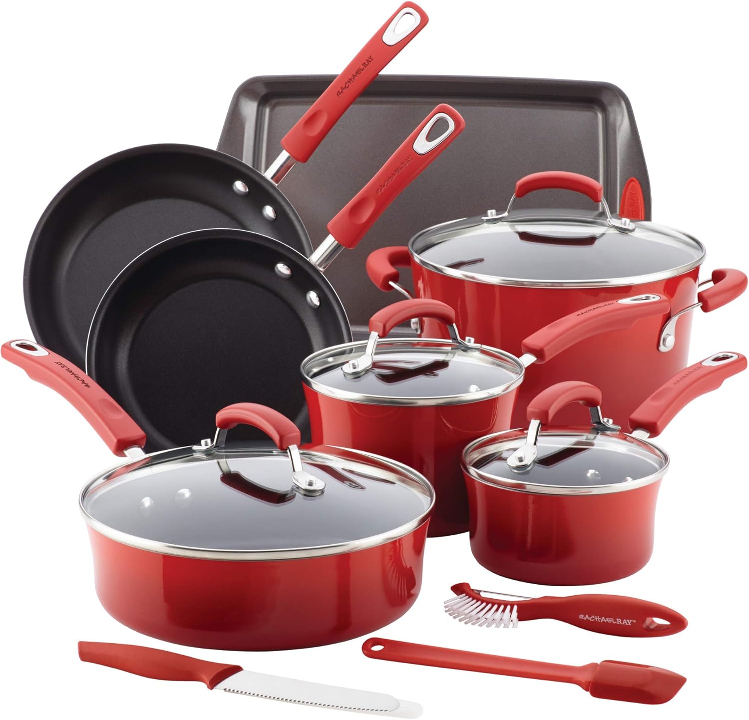 Buy Rachael Ray Porcelain Enamel Aluminum Nonstick 14 Piece Cookware Set Red Online In Indonesia B071sdtc3q