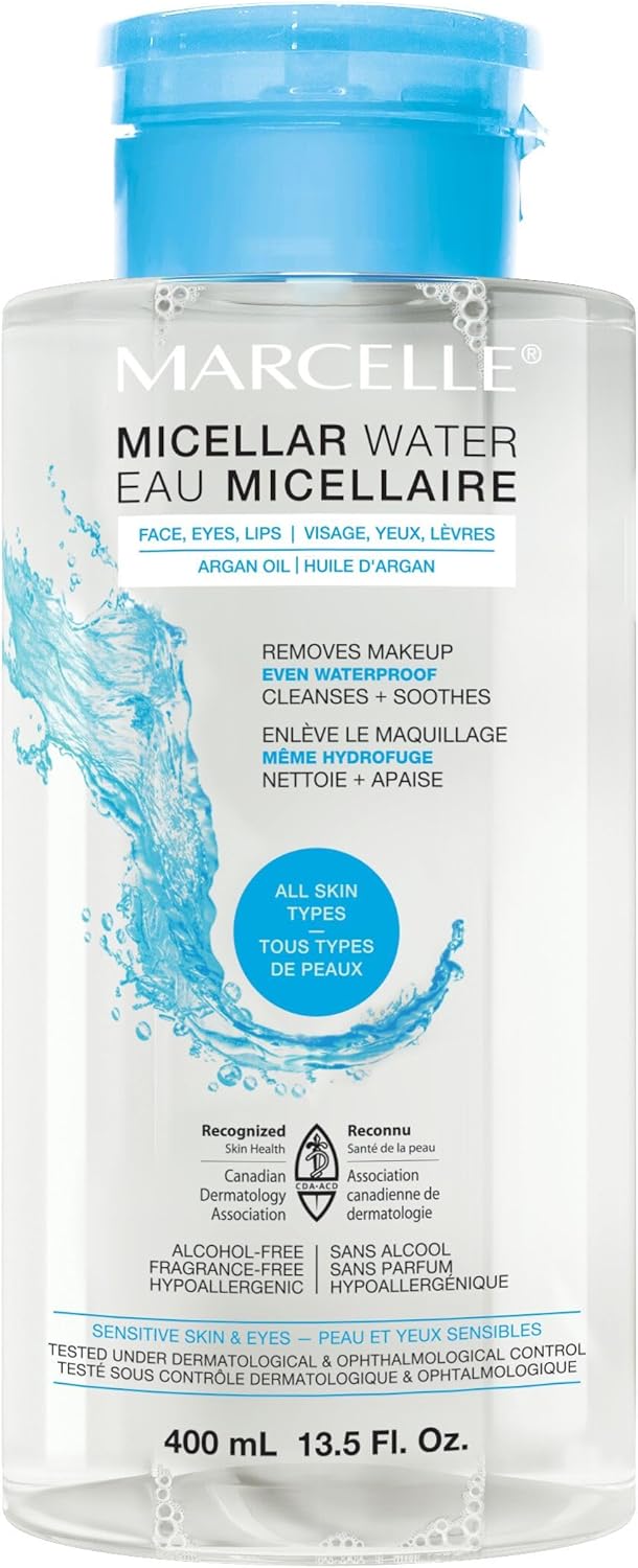 Marcelle Micellar Water, for Waterproof Makeup, All Skin Types, with Argan Oil, Cleanses, Removes Makeup and Tones, Hypoallergenic, Alcohol-Free, Fragrance-Free, Cruelty-Free, 400 mL