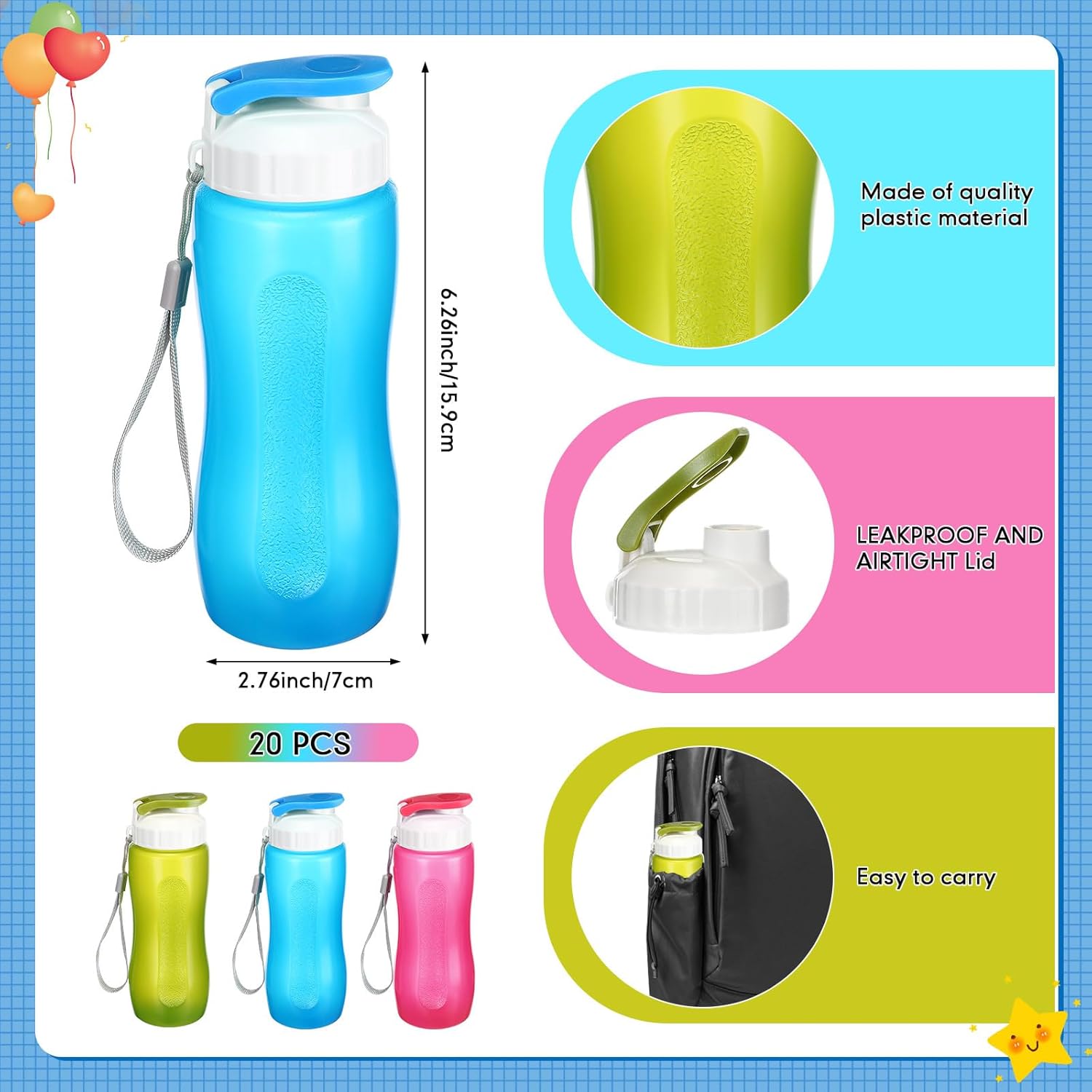 Maxdot 20 Pcs Reusable Water Bottles Bulk for Kids 12 oz Plastic Sports Water Bottle Gym Lightweight Snap Lid Bottle Easy Carry Leak Proof Bottles for Outdoor Fitness