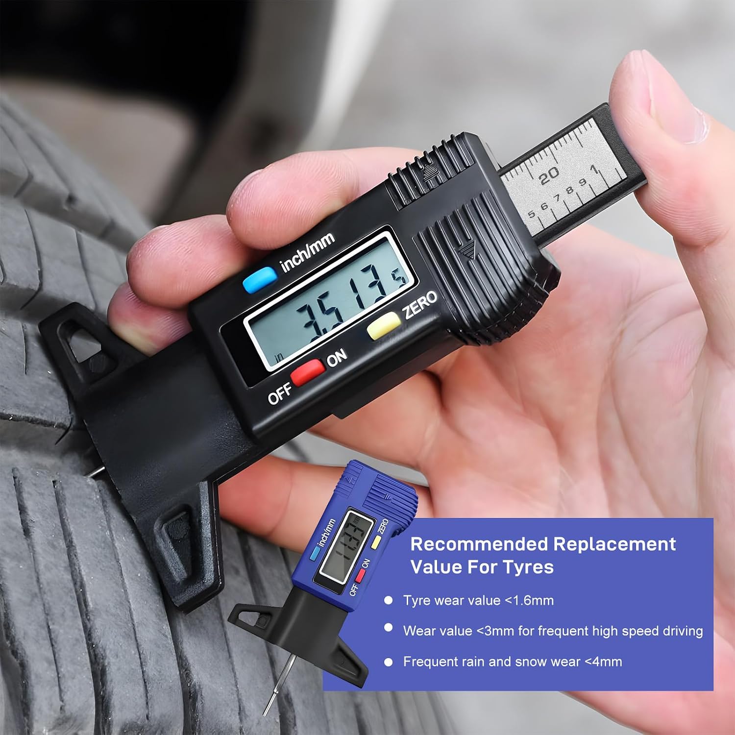 Digital Tire Tread Depth Gauge, 2 Modes Decimal Inch & Millimeter Tyre Tread Metric Gauge with Valve Caps, Zeroable Digital Tire Depth Measurement Tool for Cars Trucks SUVs (Blue)