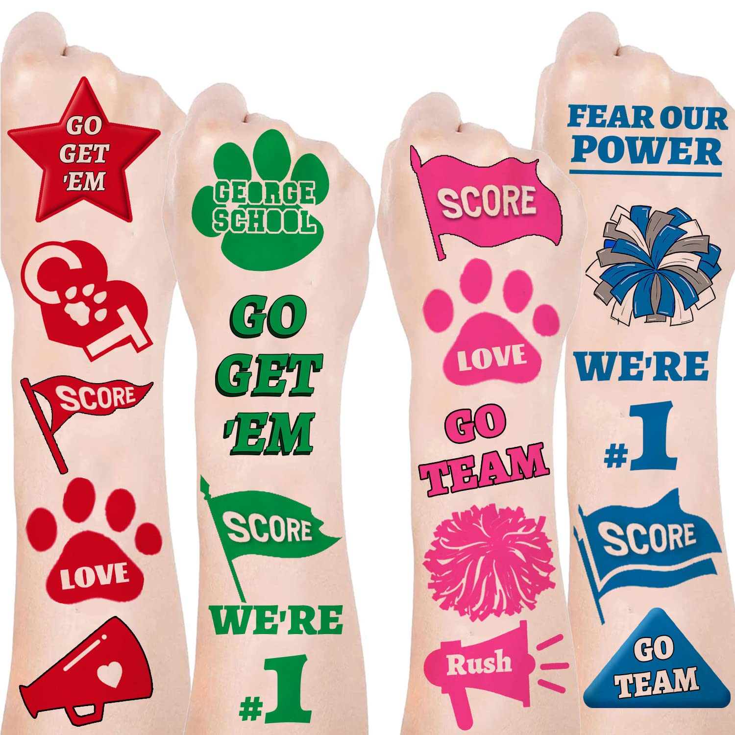 120PCS Team Spirit Tattoos Blue, Green, Orange, Pink
