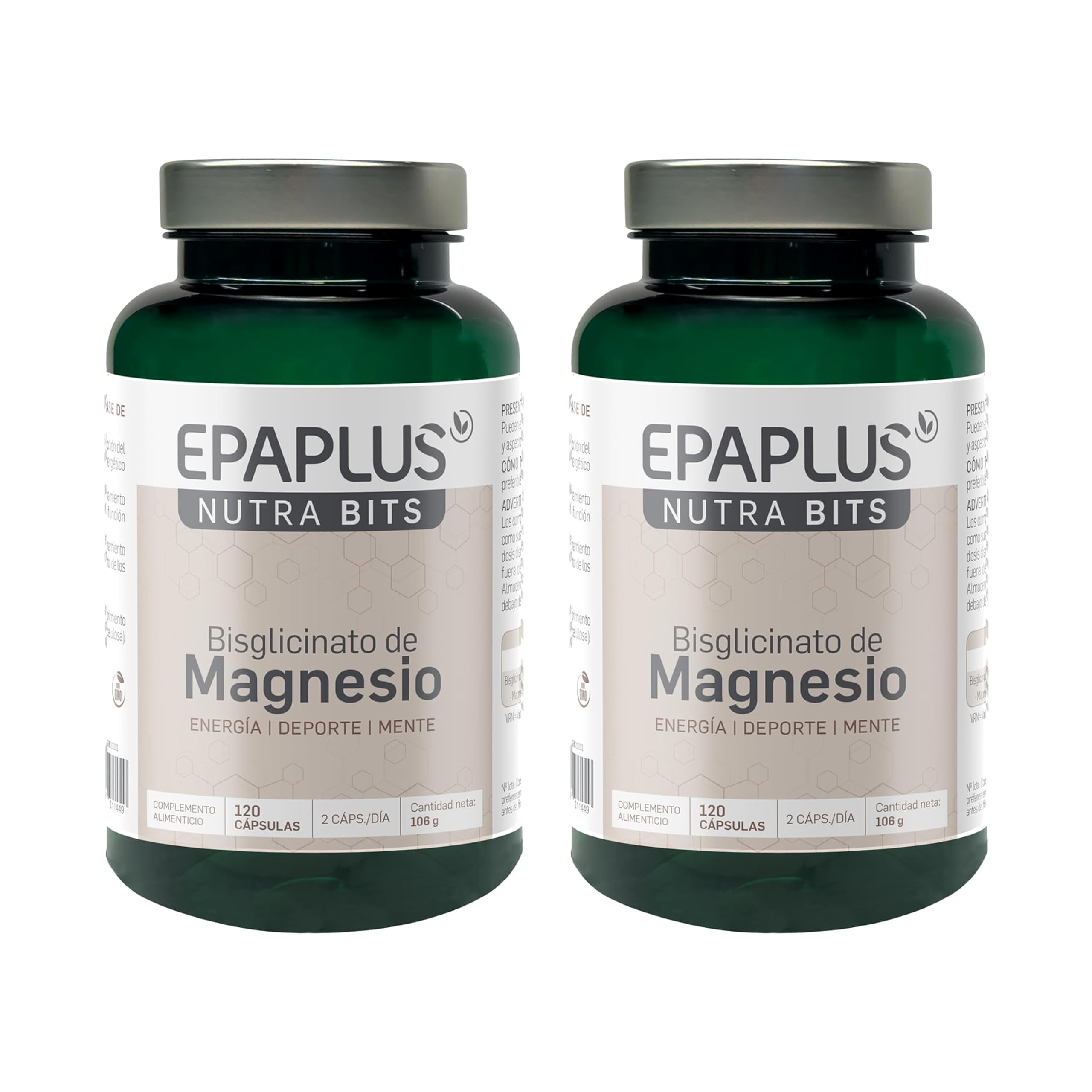 EPAPLUS NUTRABITS Bisglicinato de Magnesio – 300 mg de Magnesio Elemental por Dosis – Pack 2 Unidades - 240 Cápsulas en total - Energía, Deporte y Mente – Sin Gluten, Vegano