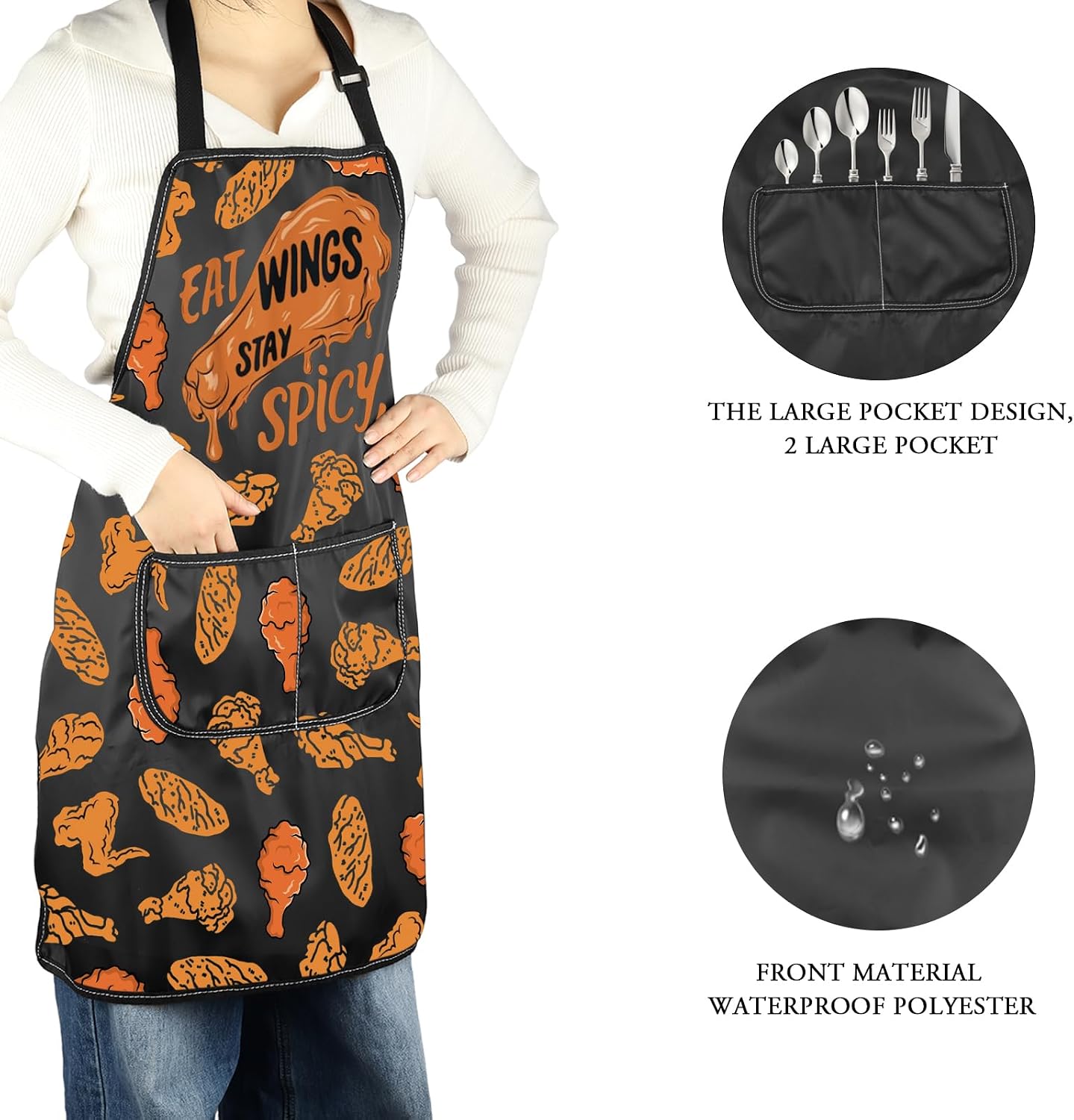 AKTAP Chicken Wings Apron Chicken Wing Lover Gift Eat Wings Stay Spicy Fried Chickens BBQ Grilling Chef Kitchen Apron with Pockets