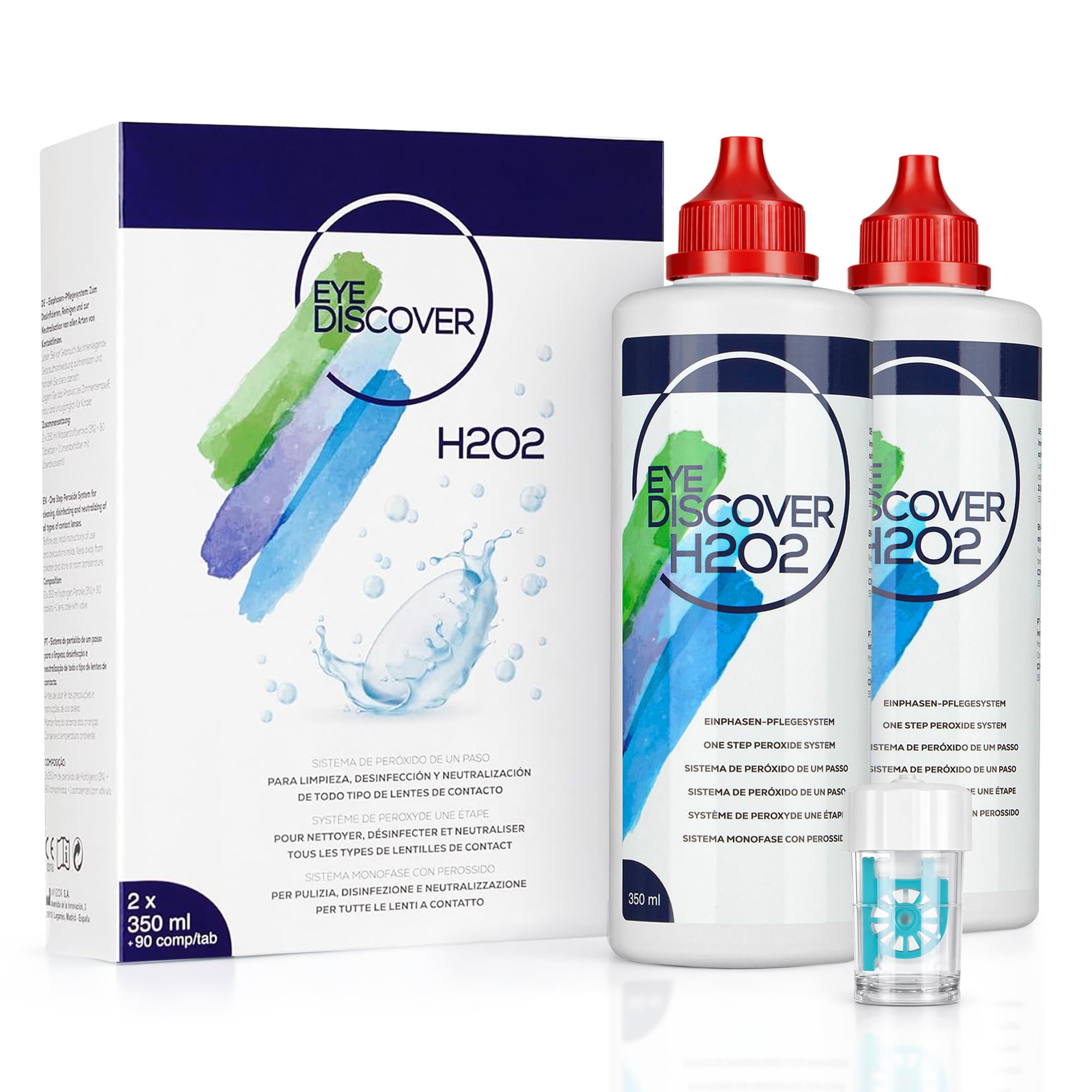 Soluzione al Perossido per Lenti a Contatto con Compresse Neutralizzanti e Portalenti Specializzato per Pulizia Profonda e Disinfezione, 2 x 350 ml