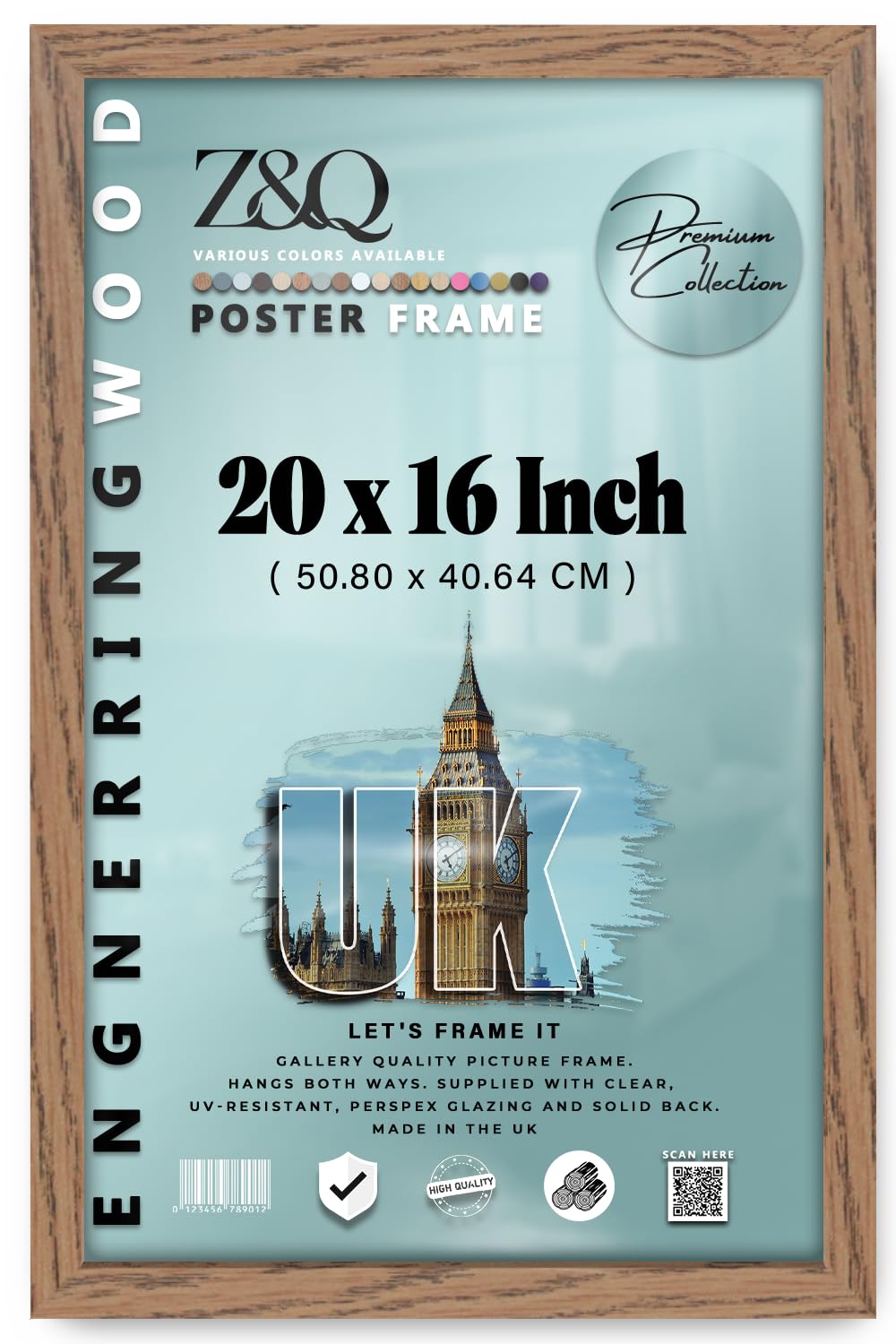 Z&Q - Classic MDF Wood 20 x 16 Inch Poster/Picture Frame | Ideal for Art Display (50.80 x 40.64 CM) Frame for Wall Gallery Art and Room Décor [ Dark Oak ] — image 1