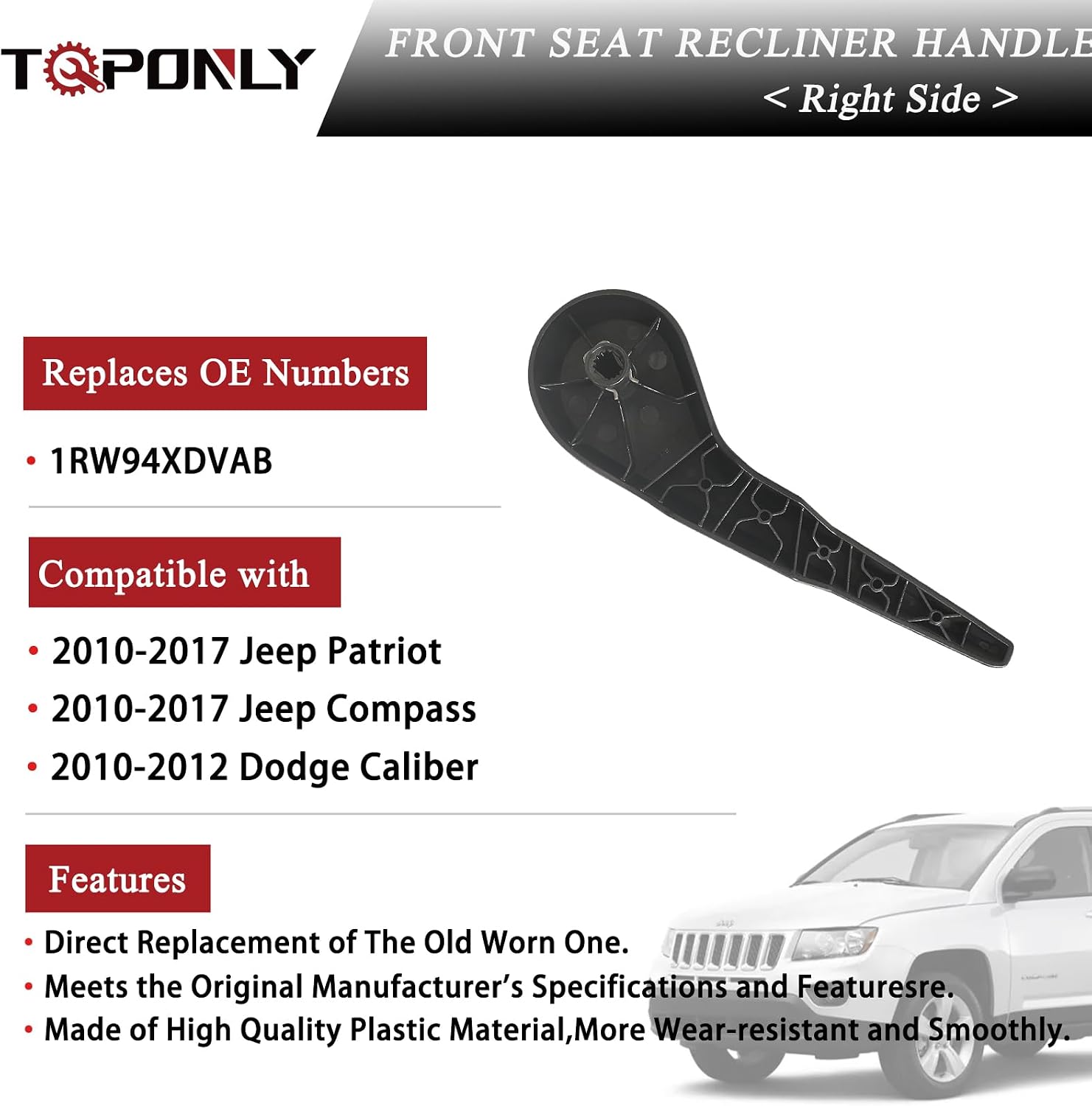TQPONLY Seat Recliner Handle Lever,Front Passenger Side Compatible with 2010-2017 Jeep Patriot Compass/2010-2012 Dodge Caliber Replaces 1RW95XDVAA Seat Release Adjust Handle (Shaft Length 1.97in)