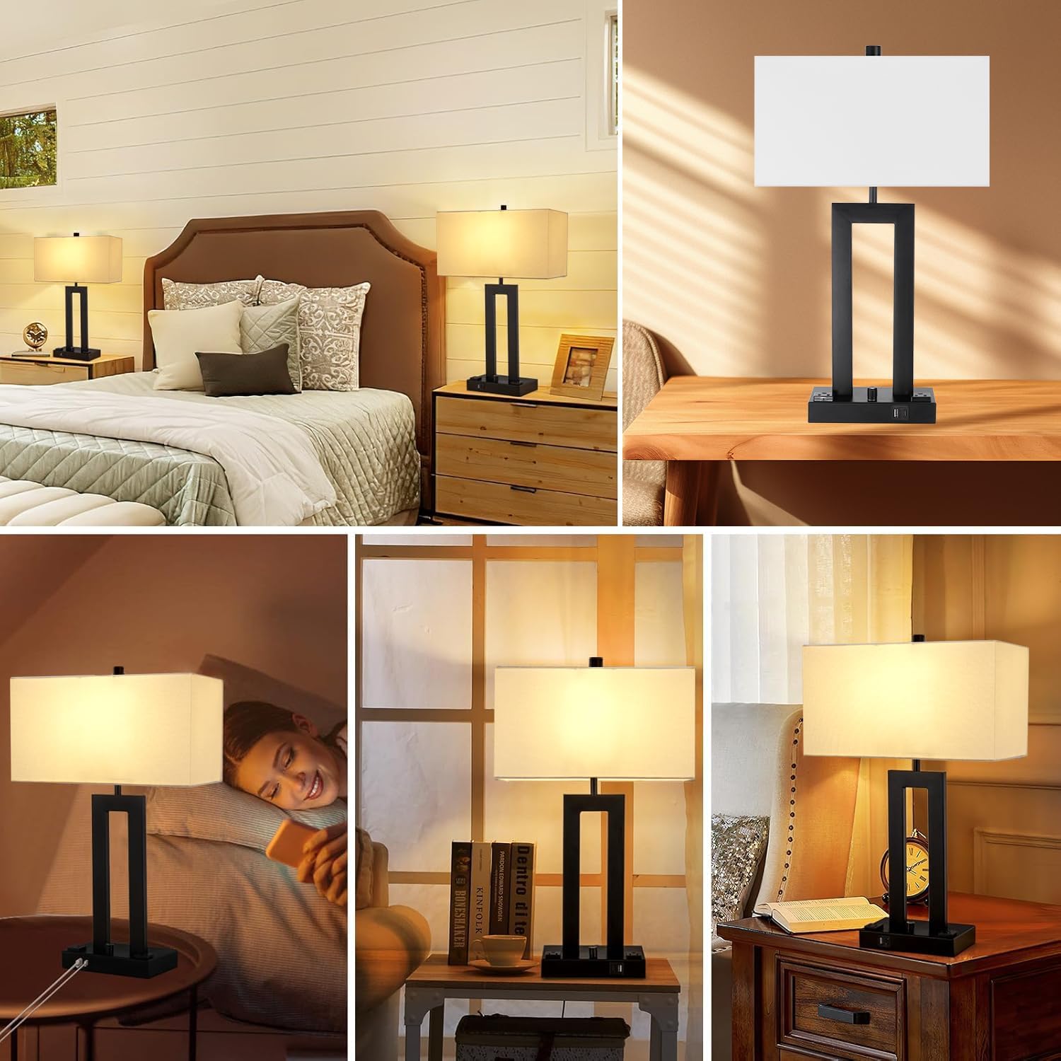 Modern Table Lamps Set of 2-22" Tall Bedside Lamps with USB-C/USB-A Charge Ports & Outlet, Stepless Dimmable Fabric White Shade Nightstand Lamps for Bedroom & Living Room