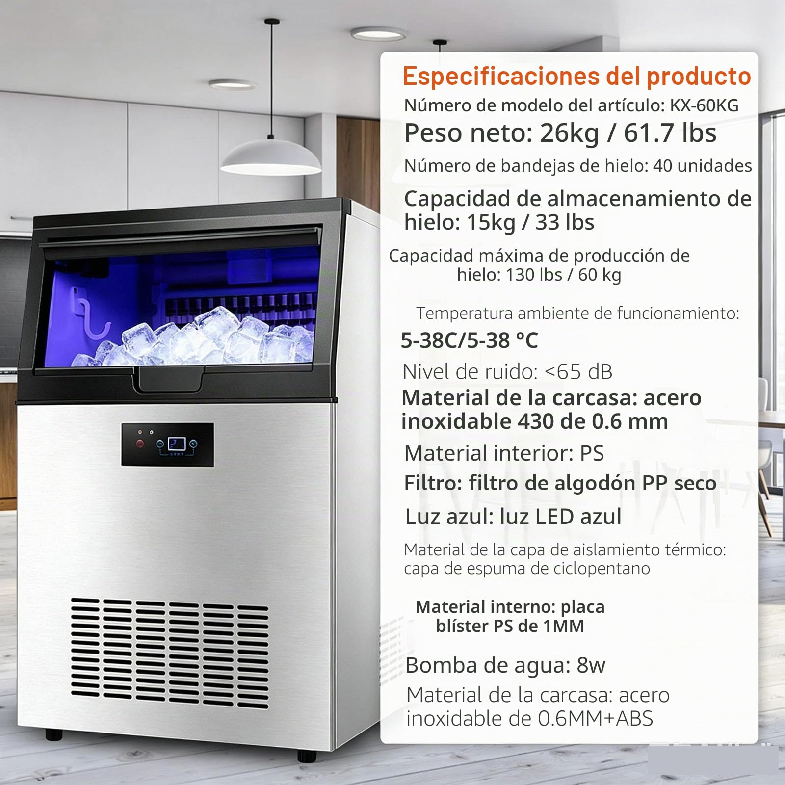 Máquina de Hielo Comerciales 60KG/24H Máquina para Hacer Hielo Industrial Panel de Control LCD Inteligente,para Cafeterías,Bares,Hoteles