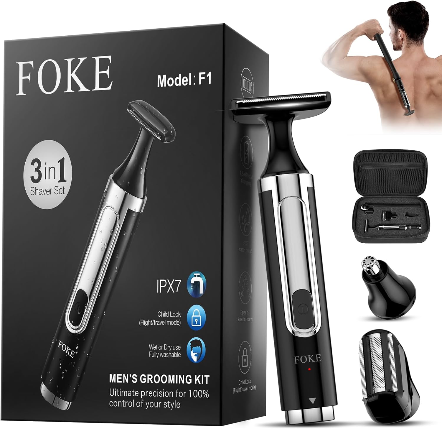 FOKE Back Shaver for Men, Ultra-Wide 1.8" T-Shaped Head, Travel Case, Mens Back Shaver Rechargeable with Long Handle, Safety Lock, IPX7, Multi-Functional Back Trimmer for Men, (Black)