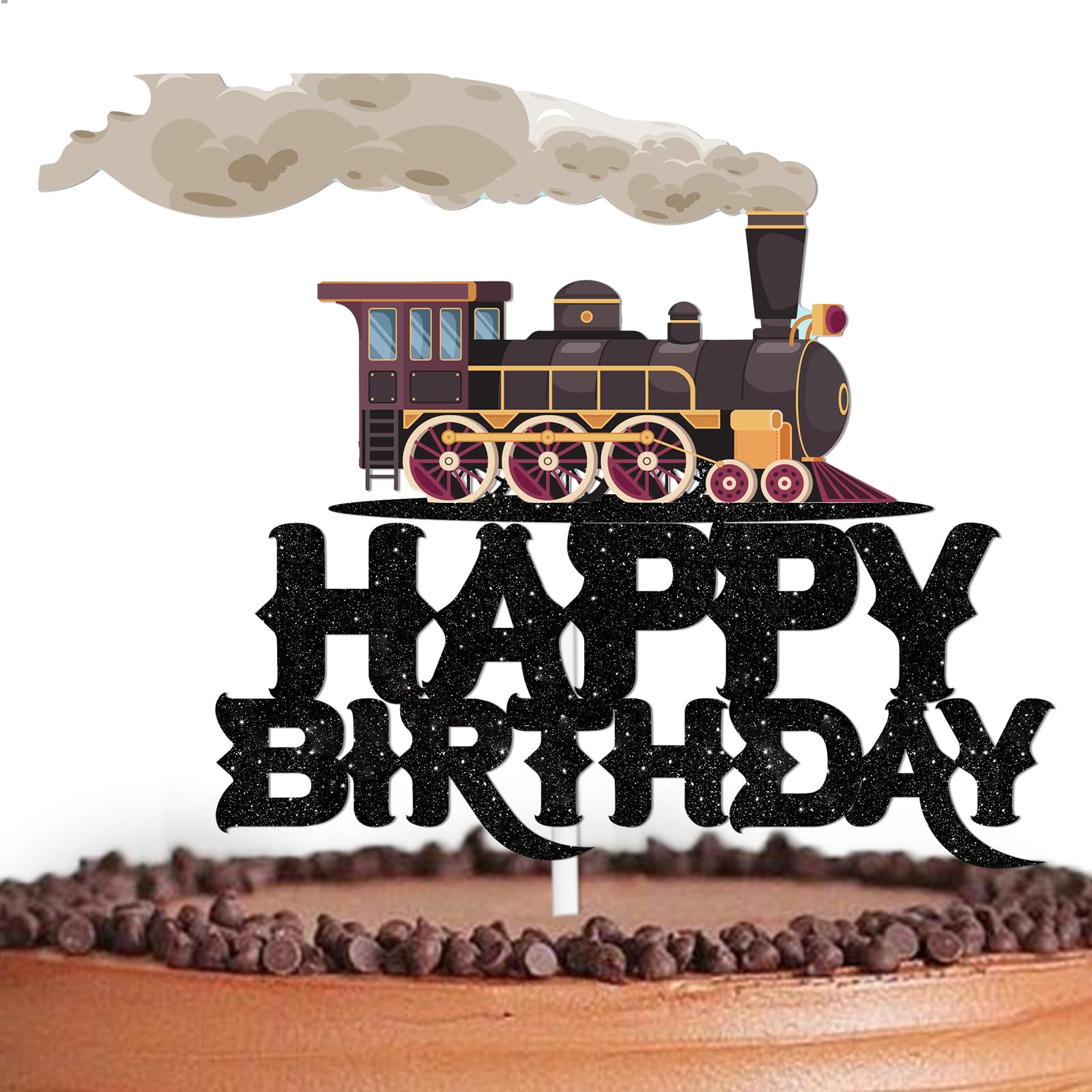 Black Glitter Train Birthday Cake Topper - Railroad Transportation Theme Party Decor