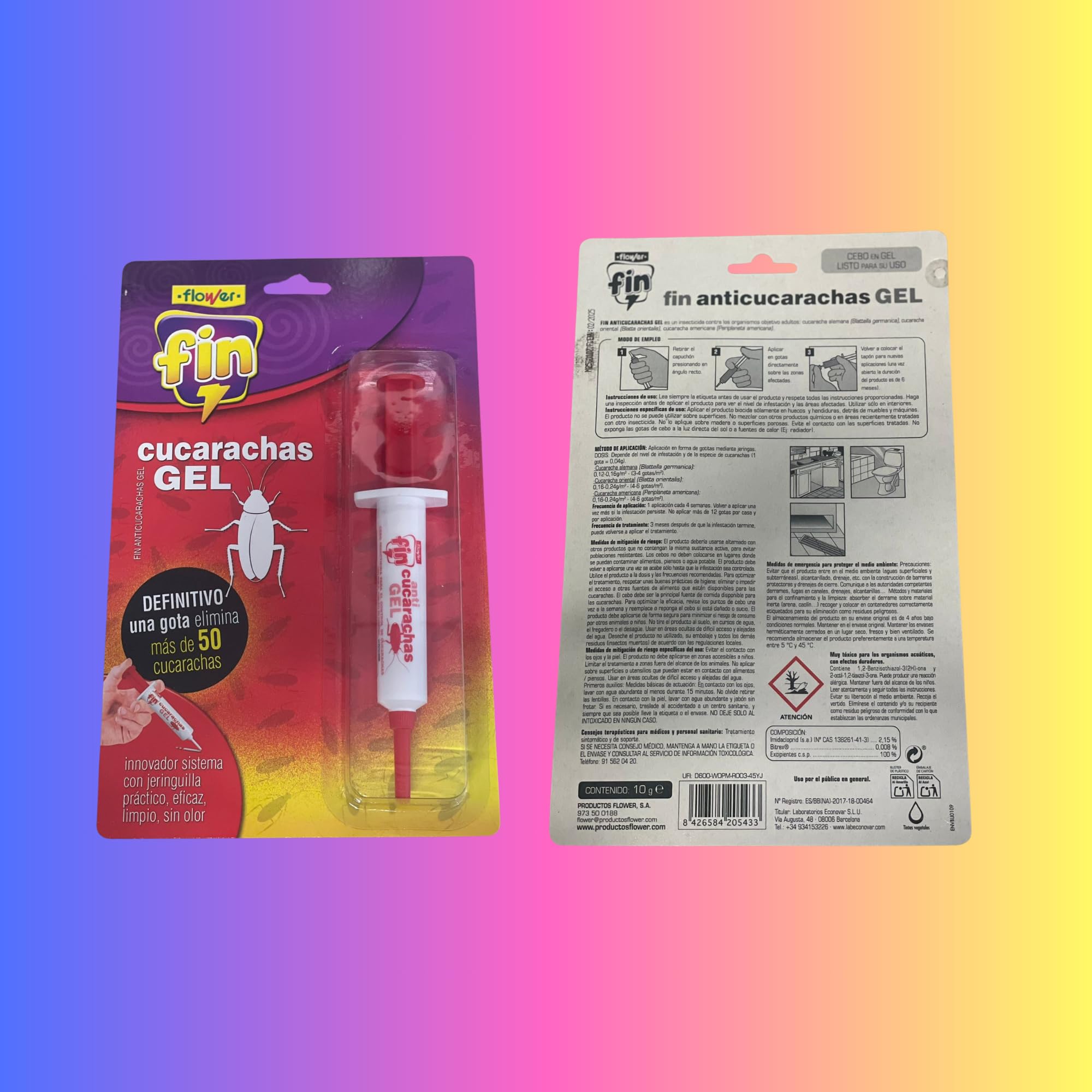 FLOWER x 6 Insecticida Anti Cucarachas Formato Jeringa 10 gr | Jeringuilla Anticucarachas Eficaz Elimina y Mata Cucaracha | Gel Atrayante y Duradero | Interior y Exterior | Aplicación Fácil y Segura