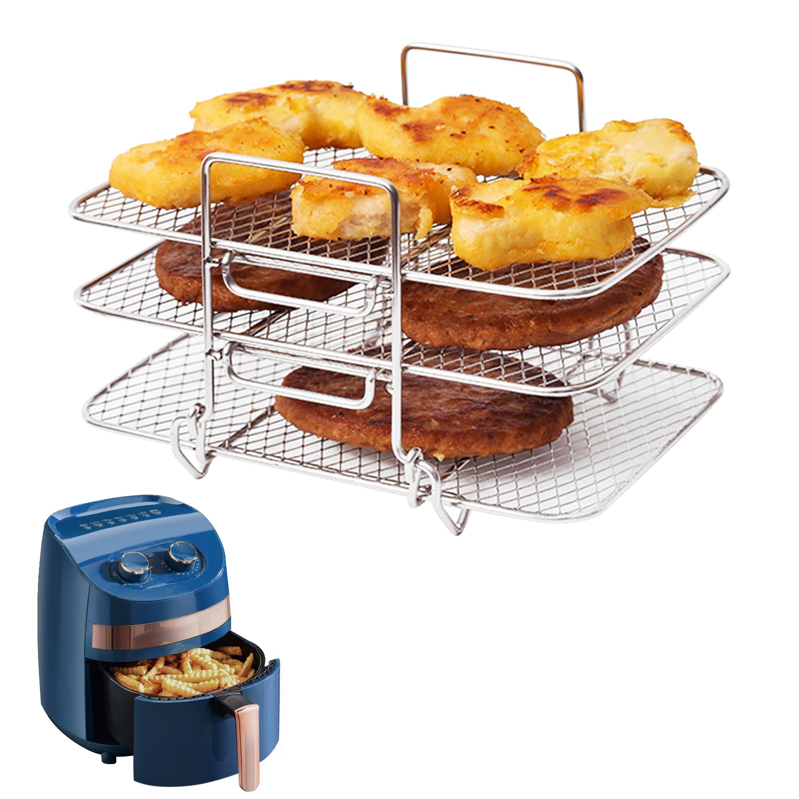 VAODO 3 layer Air Fryer Rack, Air Fryer Accessories, Stainless Steel 3-Layer Grid Grill Dehydrator Stand, Steam Grill, Kitchen Accessories