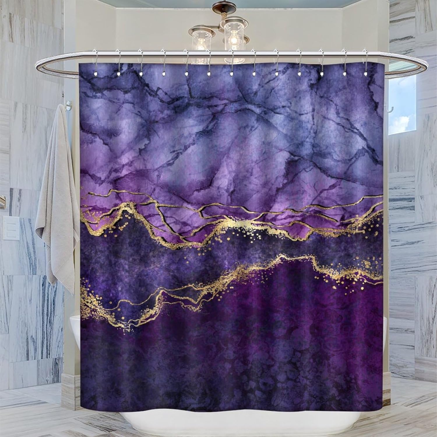 Purple and Gold Marble Shower Curtain,Modern Abstract Luxury Texture Art Printed Shower Curtain for Bathroom Decor Polyester Fabric Waterproof Upholstery Hook 66x72inch