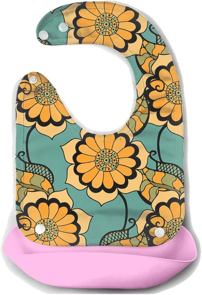 Seamless Floral Rubber Baby Bibs Removable Unisex Bibs for Toddler Wipe,Easy Clean