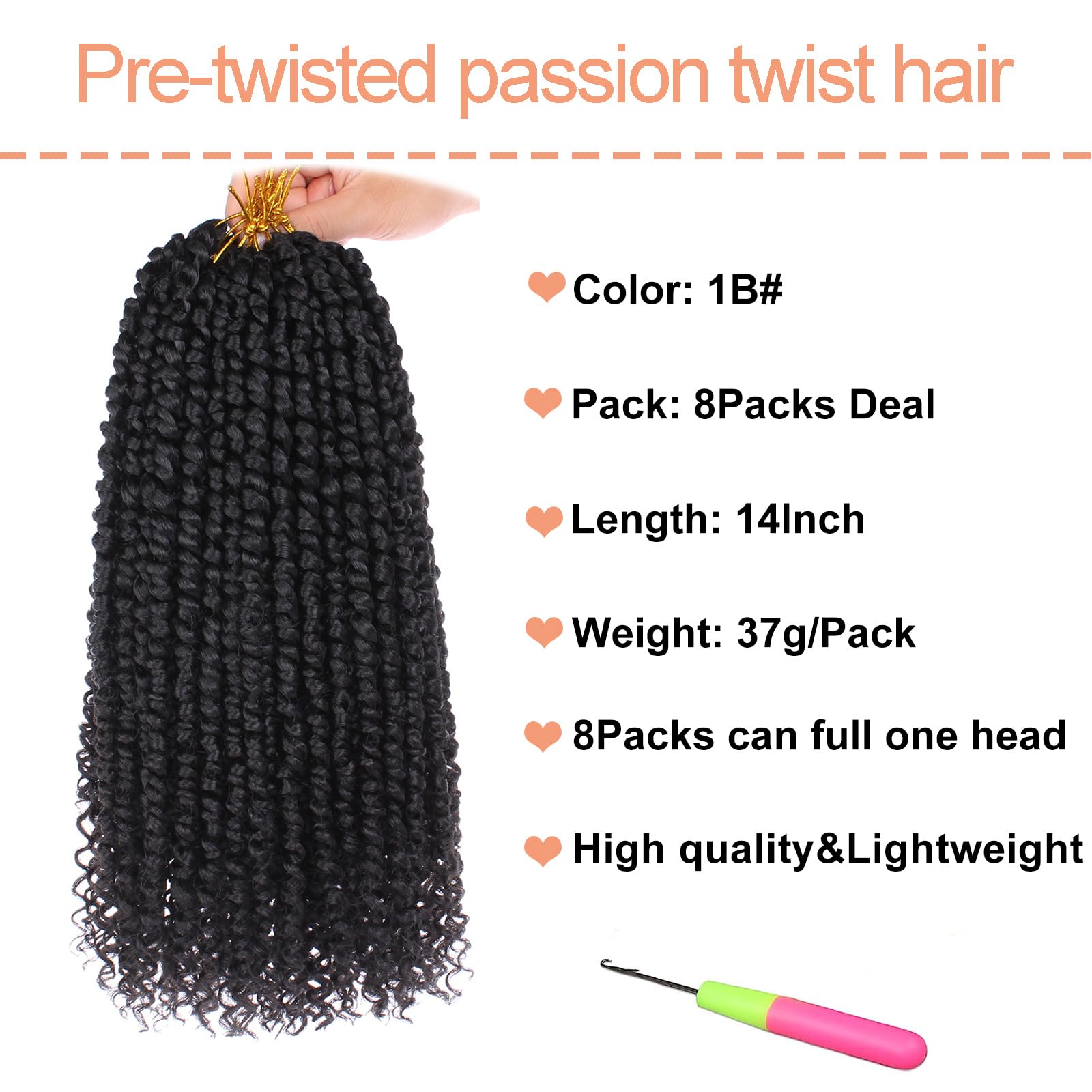 Mscat 8 Packs 14 Inch Pre-twisted Passion Twist Crochet Hair Natural Black Pre-looped Crochet Braids Hair Extension (8packs, 1B#) - Image 2