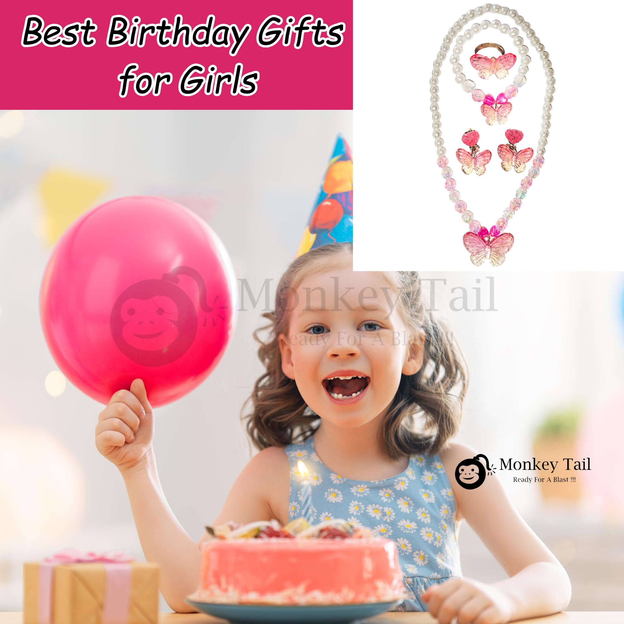 MONKEYTAIL Pink Butterfly Jewellery Kit for Kids Girls | Set of 1| Princess Jewelry Set with Pearl Beads Necklace, Bracelet, Earrings & Ring | Dress-Up Costume Accessories Gift 3