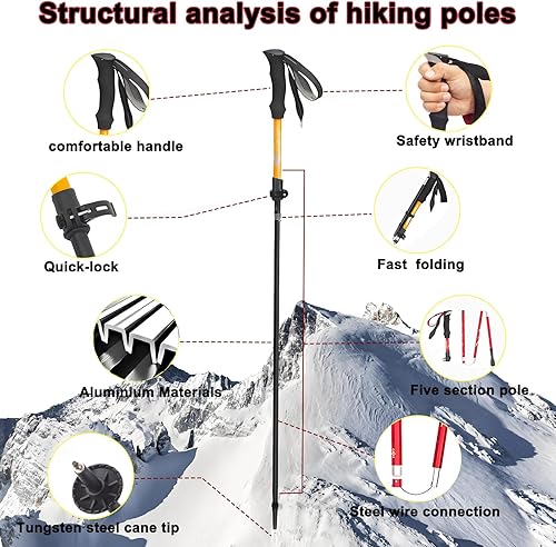 Miniatura 2 de Bastones de senderismo de viaje ultraligeros plegables de aluminio, altura ajustable, bastones con sistema de bloqueo rápido, telescópico,