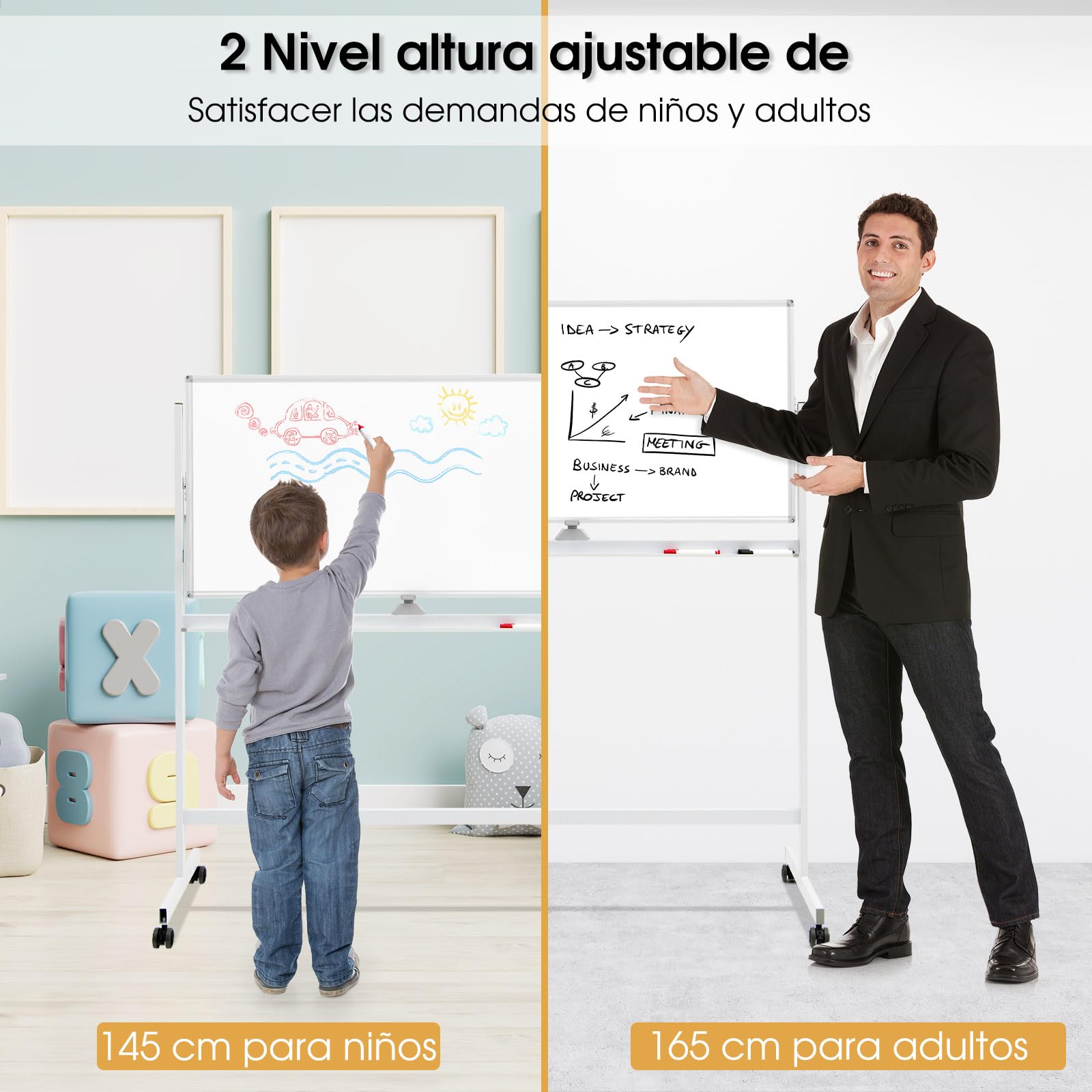 GOPLUS Pizarra Blanca Altura Ajustable en 2 Posiciones, Pizarra Blanca Magnética Giratoria de 360° con 4 Ruedas Universales, Tabla Borrable de 120x60 cm, para Escuela, Sala de Reuniones (Blanco)