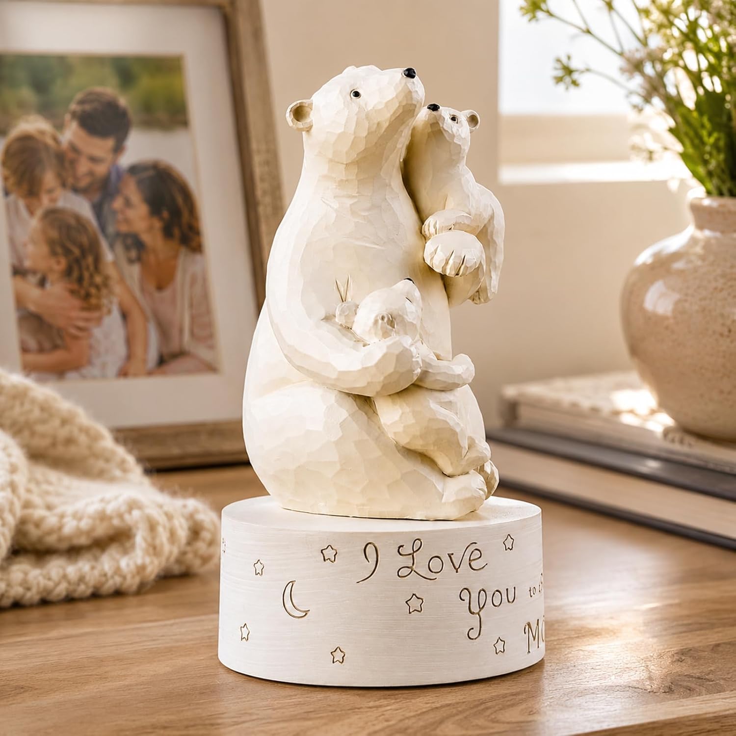 Polar Bear Family Music Box Figurine, You Are My Sunshine Musical Keepsake, I Love You to the Moon and Back Hand-Painted Resin Collectible Statue for Mom Dad Daughter, Nursery Bedroom Home Decor Gift