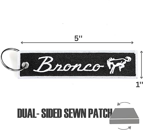 Miniatura 2 de Detroit Shirt Company Llavero bordado con logotipo de Ford Bronco 5" x 1"  logos delanteros y traseros, Negro -