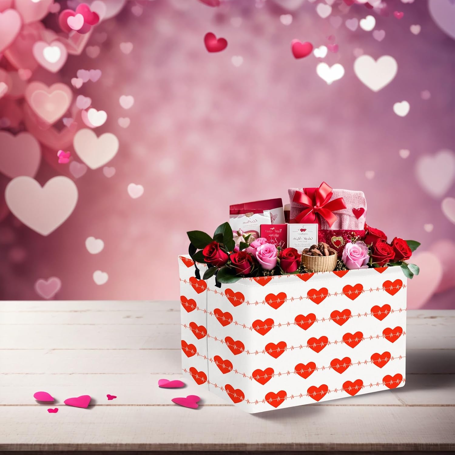 Kid Large Valentine's Day Basket Heart Cute Empty Gift Basket for Girlfriend Love Room Decor Storage Basket (Red Heart-Shaped Lines) image 4