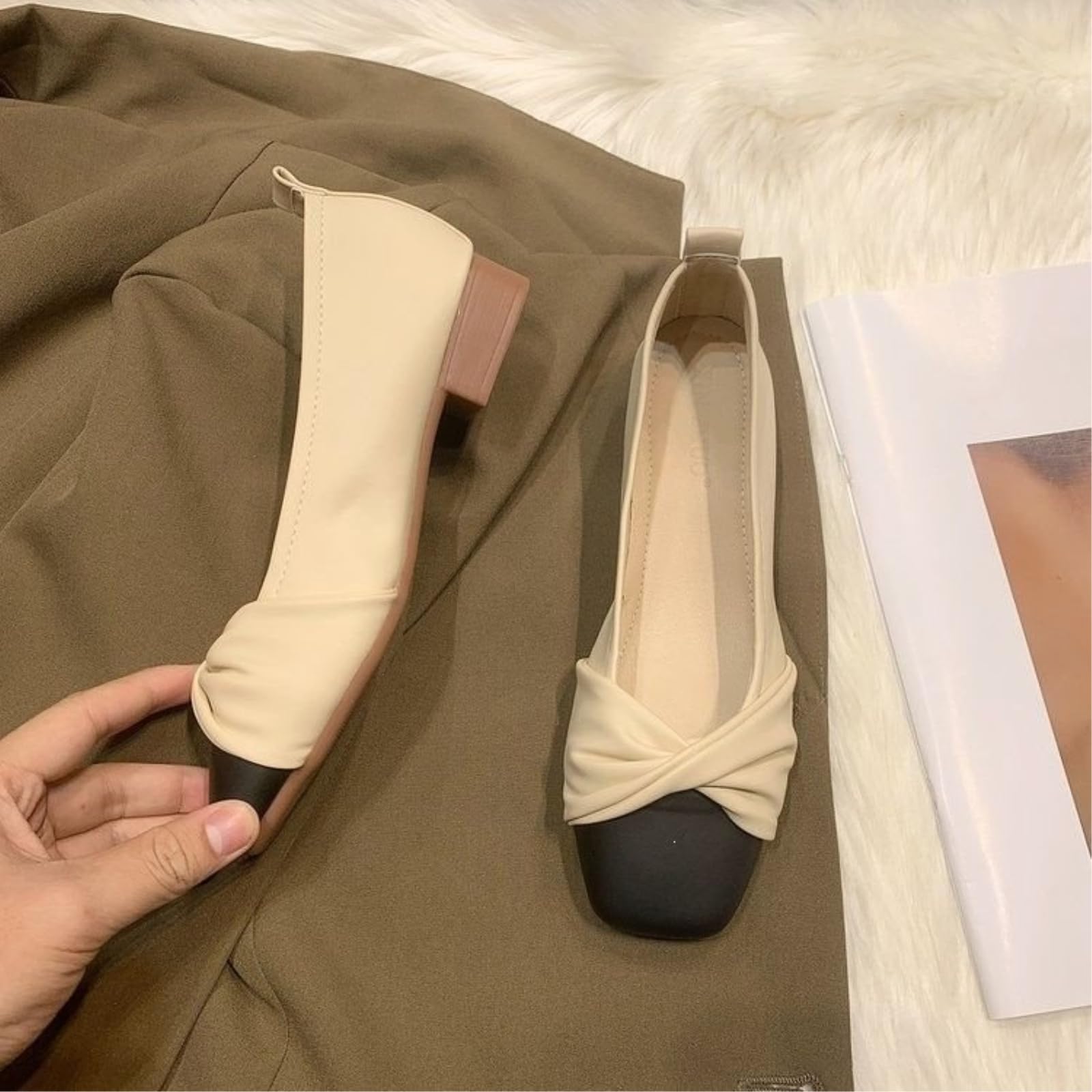 SMYDM Mary Jane - Ballerine da donna con tacco basso, in pelle PU, tacco basso, ballerine a punta, con fiocco, beige kaki