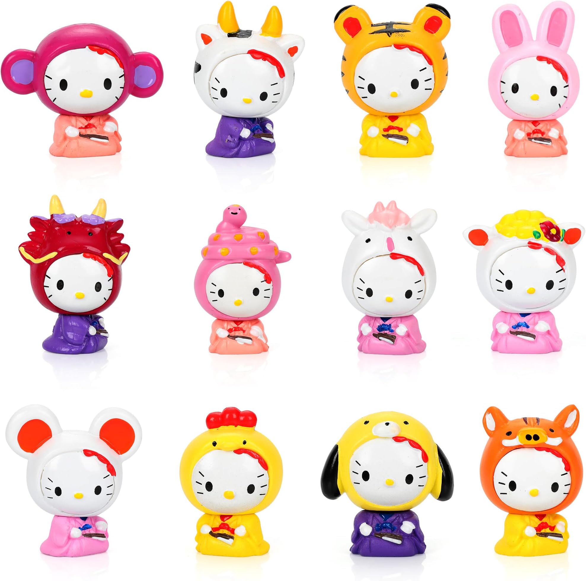 12Pcs Cartoon Chinese Zodiac Toys Figurine Playset, Mini Cat Cake Topper Figurines for Birthday Cake Decoration