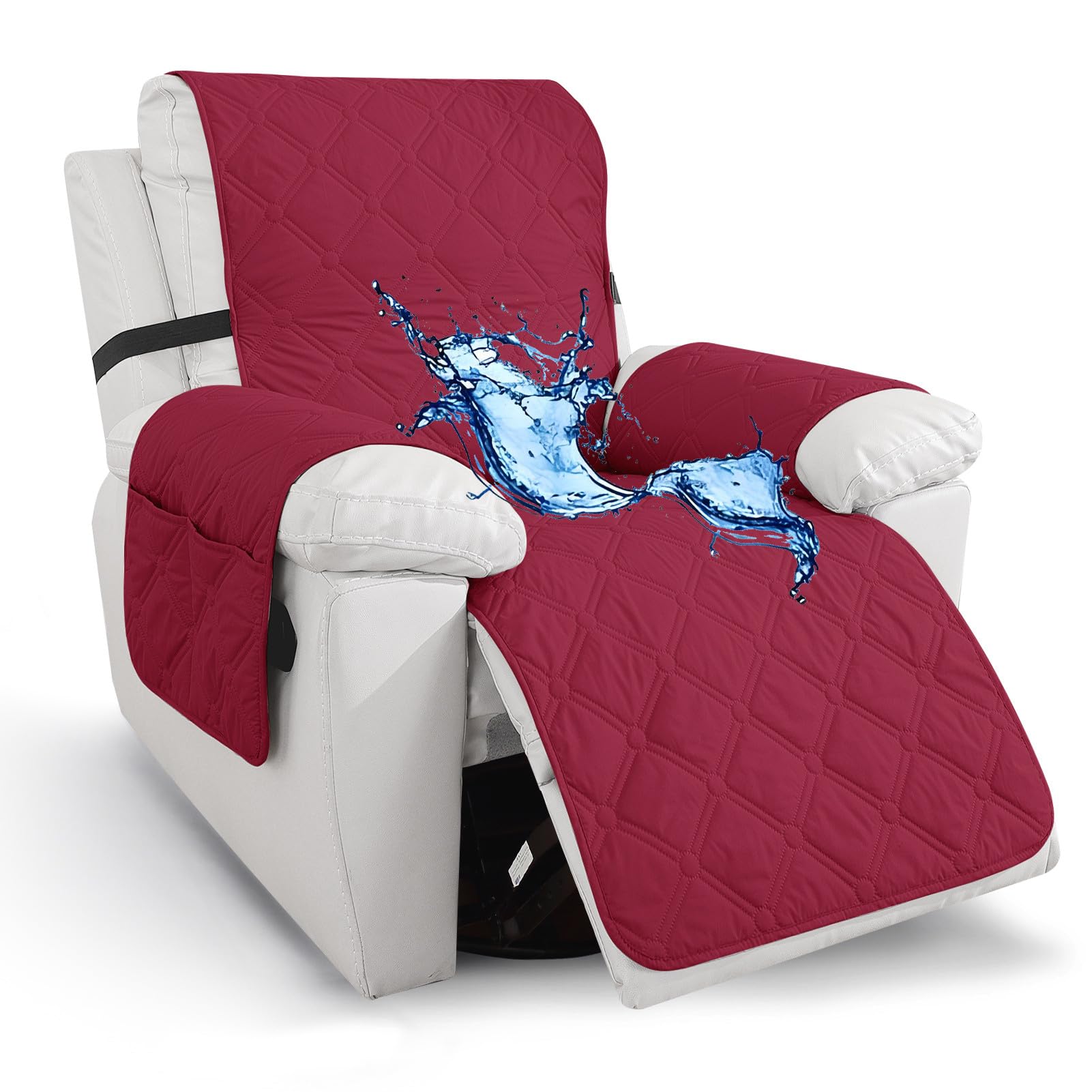 XHDZSW Waterproof Recliner Chair Cover, Non-Slip Recliner Armchair Cover with Elastic Straps & Side Pockets, Washable Recliner Slipcover Covers for Dogs Pet (Red)