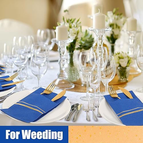 Miniatura 7 de Roshtia Paquete de 100 servilletas desechables de lino con bolsillo integrado para cubiertos con ribete dorado, papel preplegado para bodas (azul