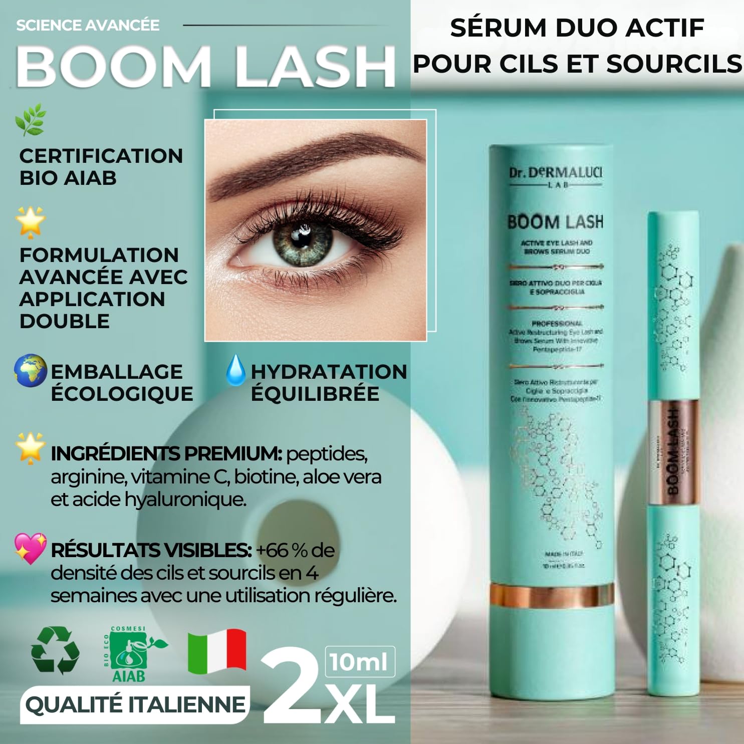 Dr. Dermaluci Lab Sérum Cils et Sourcils Croissance Naturelle Sans Hormones - Fortifiant, Allongeant - Avec Pentapeptides, Biotine, Acide Hyaluronique & Vitamine C - 10ml XXL, BIO, Yeux Sensibles