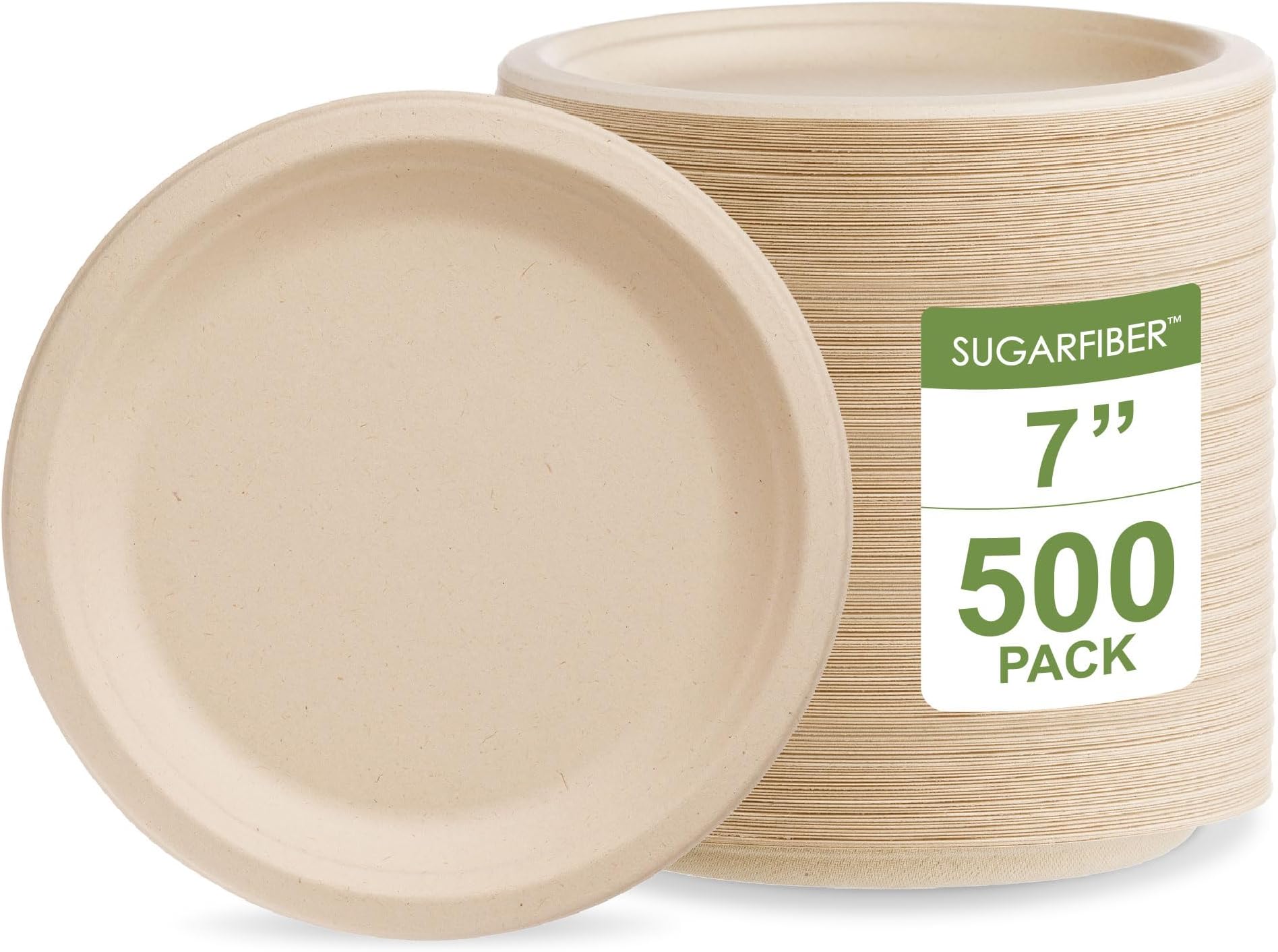 [500 COUNT]Harvest Pack 7-inch Compostable Small Paper Plates, Round Disposable Heavy-Duty Dessert Plates, Natural Bagasse Biodegradable Small Cake Plate, Made From Eco-Friendly Sugarcane Plant Fibers