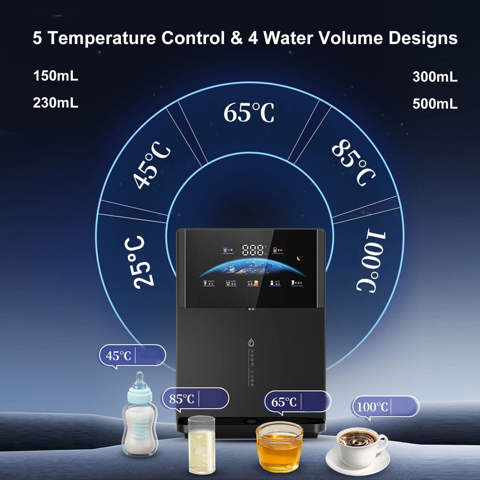 Dispenser Acqua a Riscaldamento Istantaneo da 2200 W, Refrigeratore D'acqua da Ufficio a Parete, Capacità di Riscaldamento di 20 L/h, 5 Temperature e 4 Tipi di Acqua Erogati