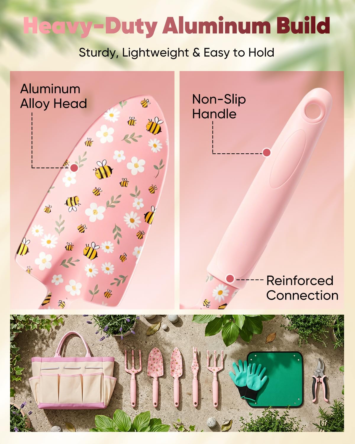 Gartengeräte Set Gartenwerkzeuge - Aluminium Handwerkzeug Kit mit rutschfesten Griffen, Gartenhandschuhe und Aufbewahrungstasche zum Pflanzen, Graben, Bodenpflege, Blumenbeete, Terrasse und Hausgarten
