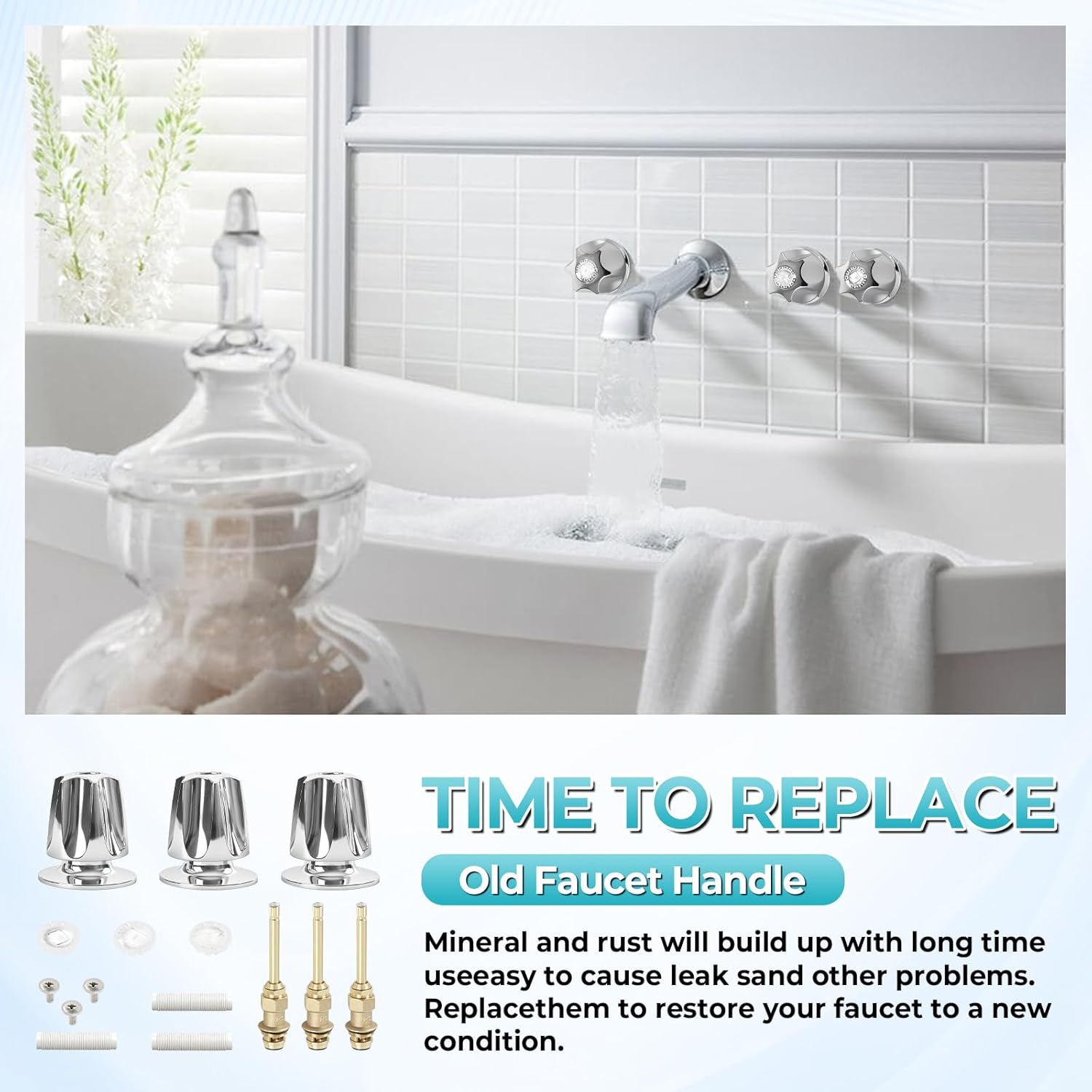 3 Pcs Shower Knob Replacement Kit Compatible with Price Pfister Verve Tub & Shower Faucets, 39619 Bathtub Shower Handle Rebuild Trim Kit (Chrome), Includes 12H-2H, 12H-2C, 12H-18D Stems (Silver)