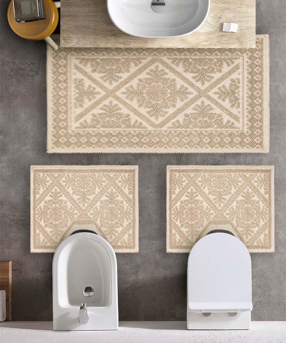 Juego de alfombras Sardi color marfil crema lavable 100% algodón fabricado en Cerdeña. 3 piezas moldeadas para baño giro water wc bidet lavabo lavabo lavabo