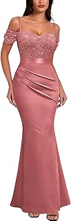 Women's Elegant Sequin Lace Spaghetti Straps Formal Satin Maxi Dress