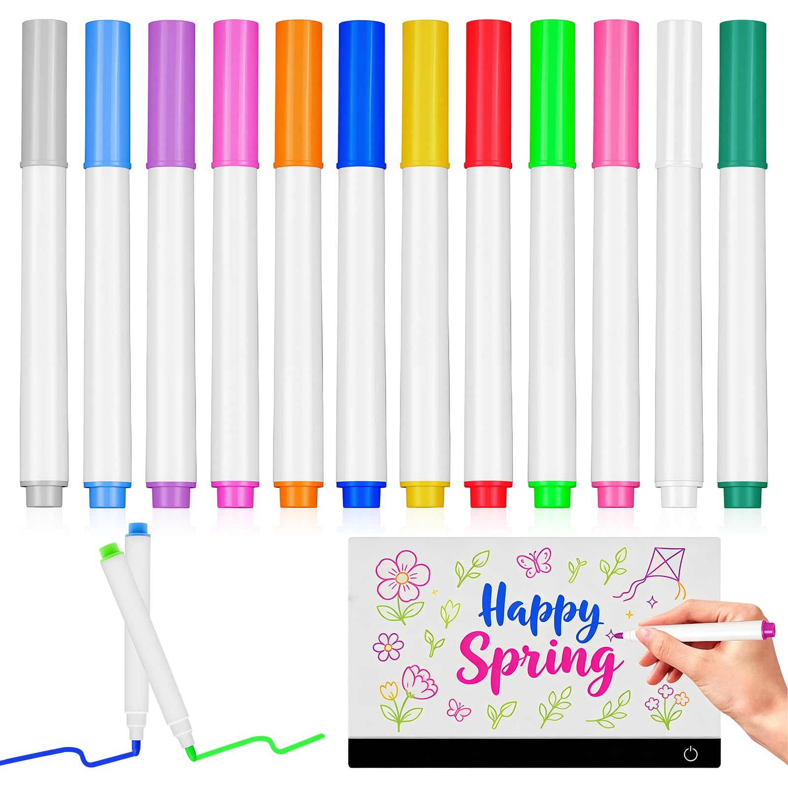 12 Colours LED Whiteboard Markers with Eraser, Erasable Fluorescent Markers for Children's Chalkboard, Glass and Whiteboard, Drawings for Children's Windows, White Board