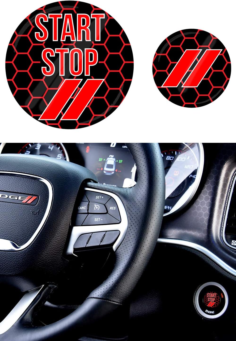 JDL Autoworks compatible with 2015-2019 Dodge Charger/Challenger Starter Button Decal Overlay | 3D Domed SRT Style Red Start Stop Sticker Emblem | Push to Start Button Badge Cover Accessories