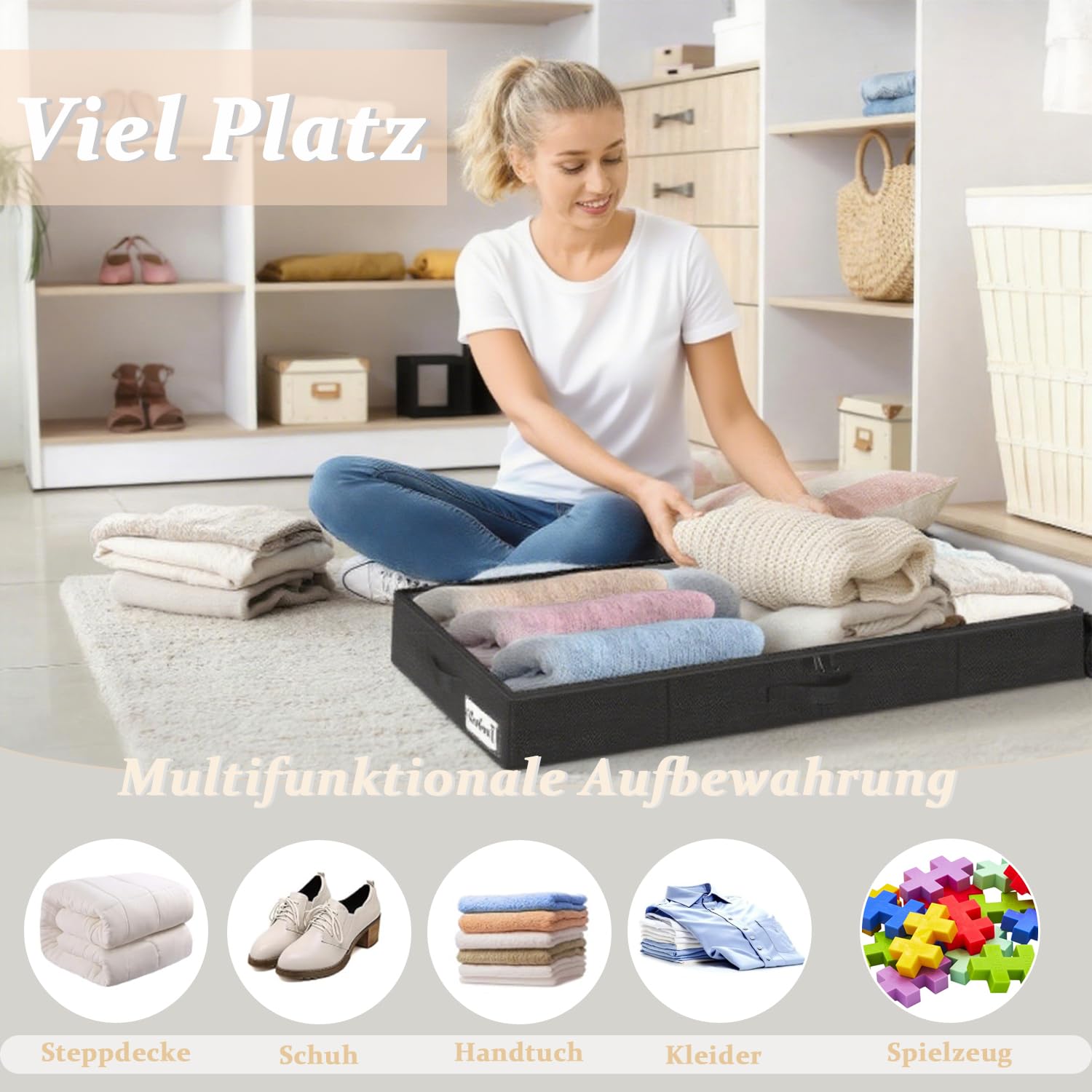2 contenitori sotto il letto, 50 l, pieghevole, con coperchio, con rotelle, rotazione a 360°, contenitore per vestiti, giocattoli, scarpe (nero)
