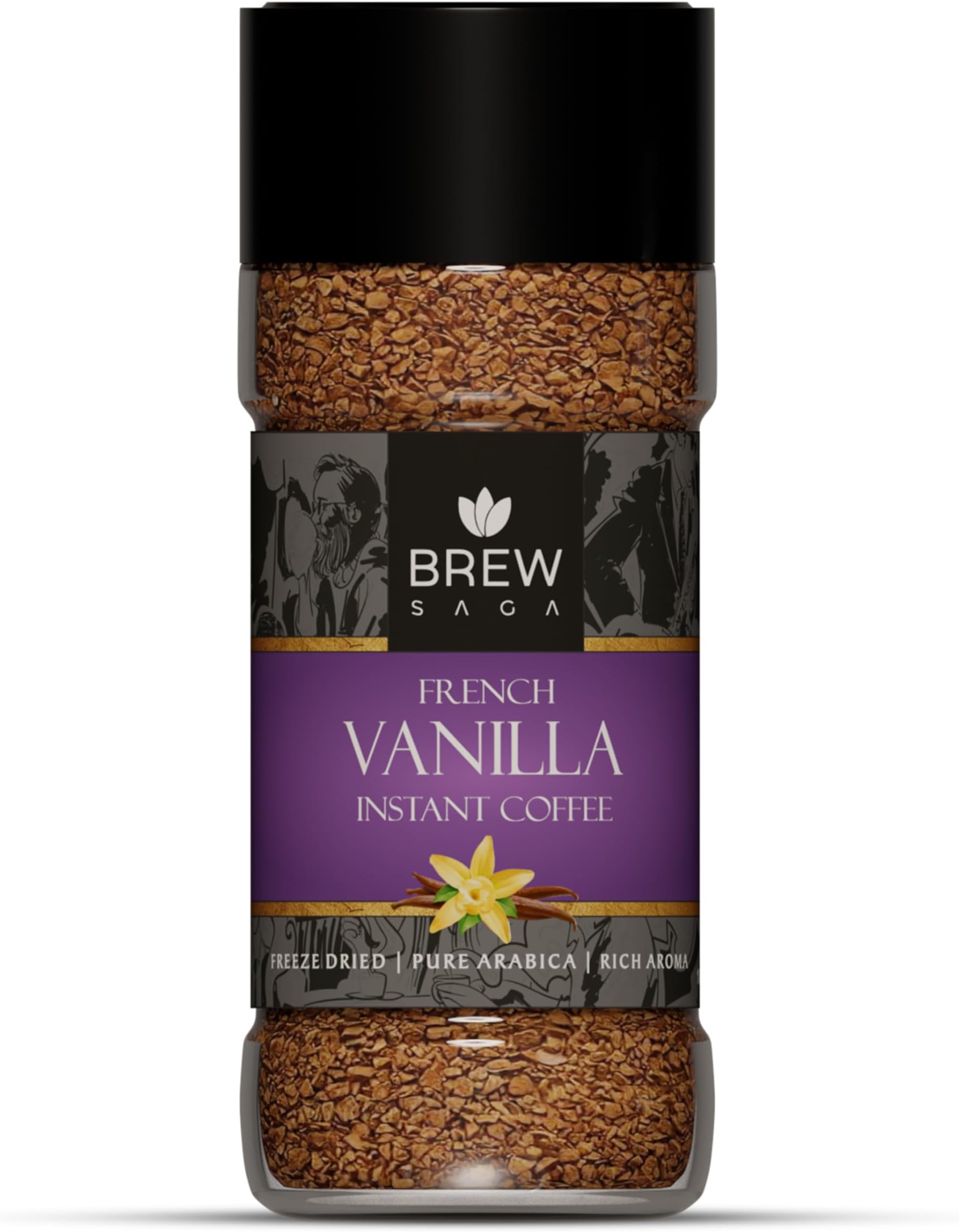 BREWSAGA French Vanilla Instant Coffee Granule Bottle |100% Arabica | Freeze-Dried | Vanilla Flavoured Coffee | No Added Sugar | Coffee Powder In Fresh | Makes 50 Cups | 100 Gram