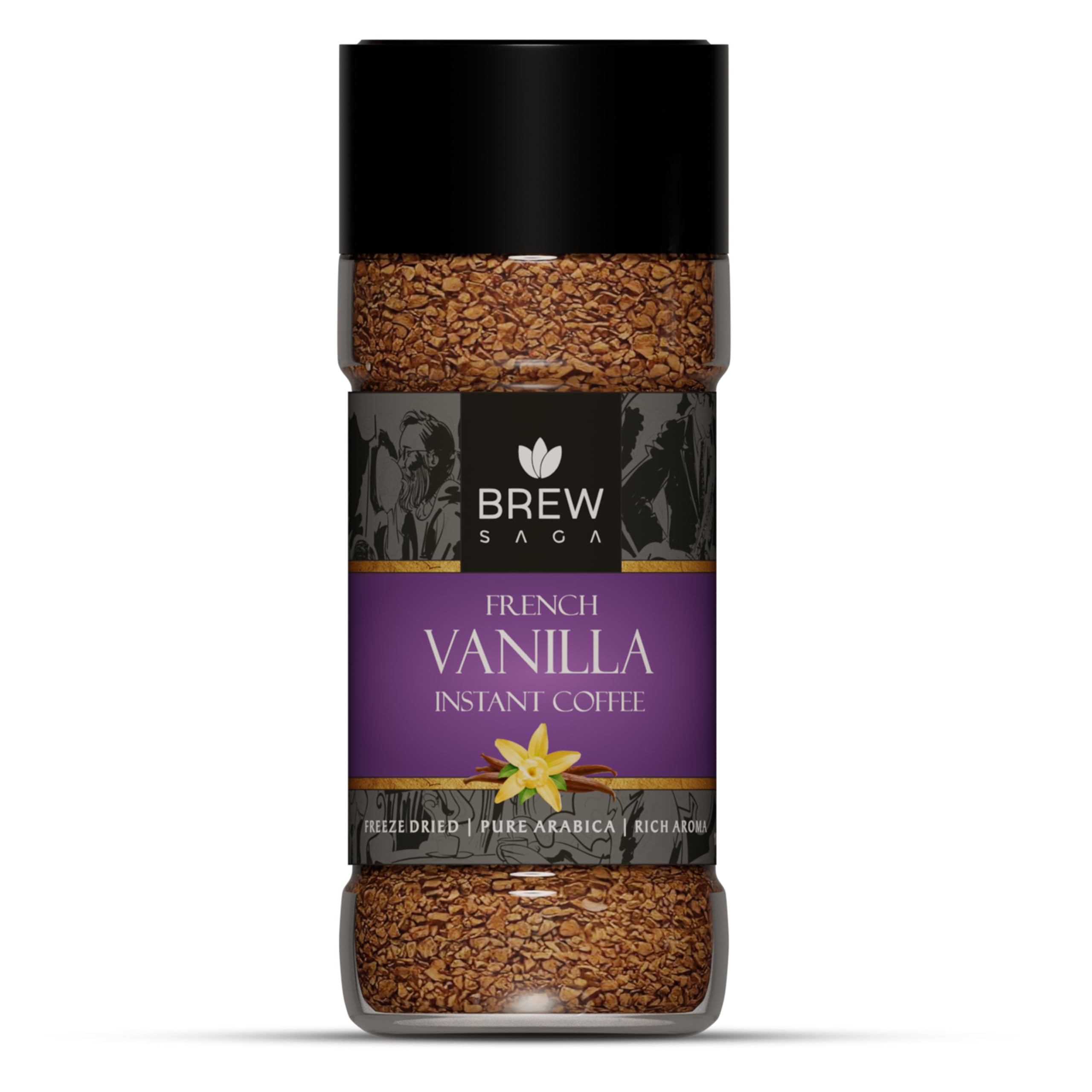 BREWSAGA French Vanilla Instant Coffee Granule Bottle |100% Arabica | Freeze-Dried | Vanilla Flavoured Coffee | No Added Sugar | Coffee Powder In Fresh | Makes 50 Cups | 100 Gram