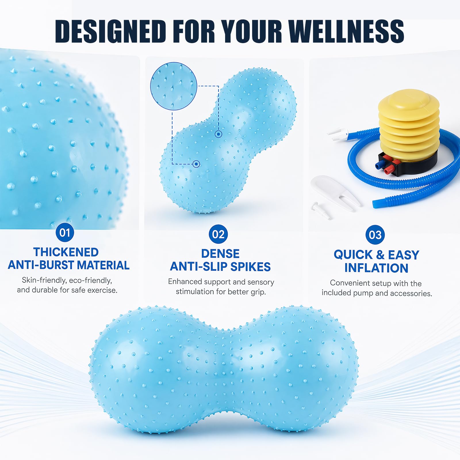Pelota de yoga cacahuete 45x90 cm antipinchazos con bomba de aire azul