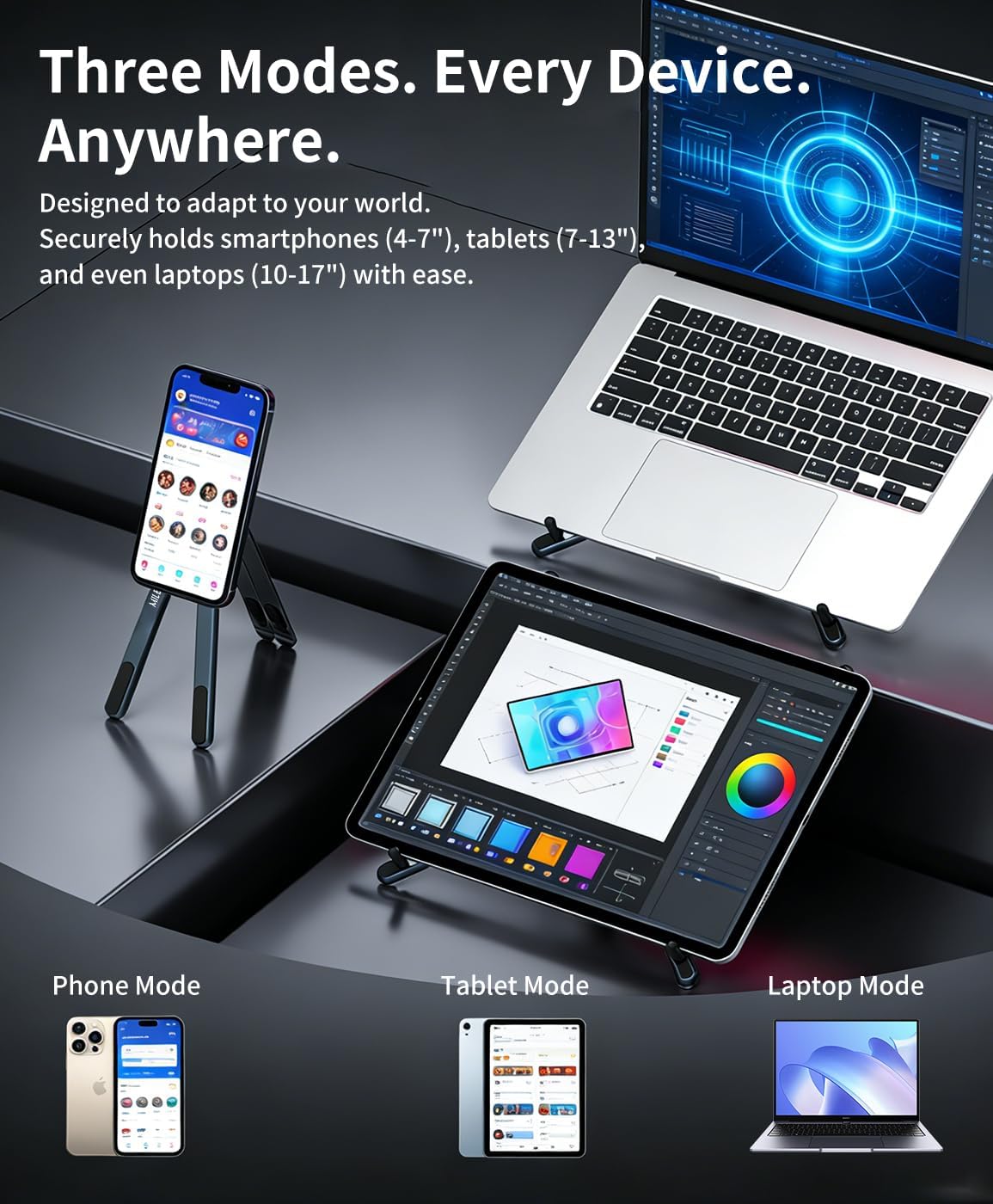 miley Portable Foldable Laptop Stand for Desk,Foldable Ergonomic,8-Level Height,with 13–17" Laptops,Aluminum Construction,Tripod Compatible,Portable with,Includes Storage Bag