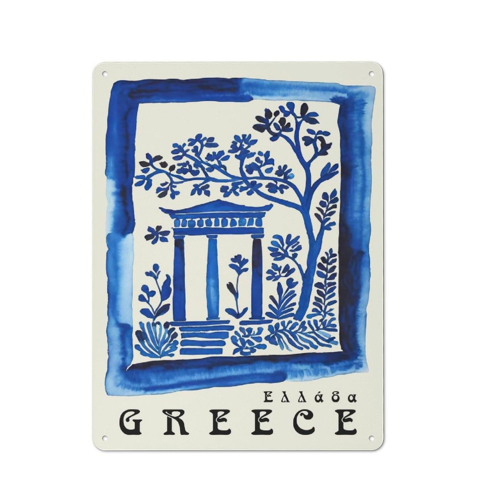 Loft Style Blue Greece Travel Art Decorative Metal Plaque 40x30cm, Studio Wall Art for Workspace, Cafe, Hallway Or Garage